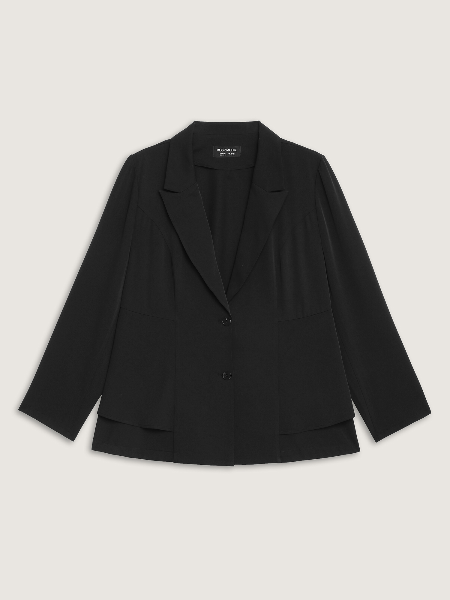 Side view of BloomChic Women's Plus Size Ruffled Hem Double Button Blazer Black Button Sleeve Extra Long Sleeve 14-16/1X