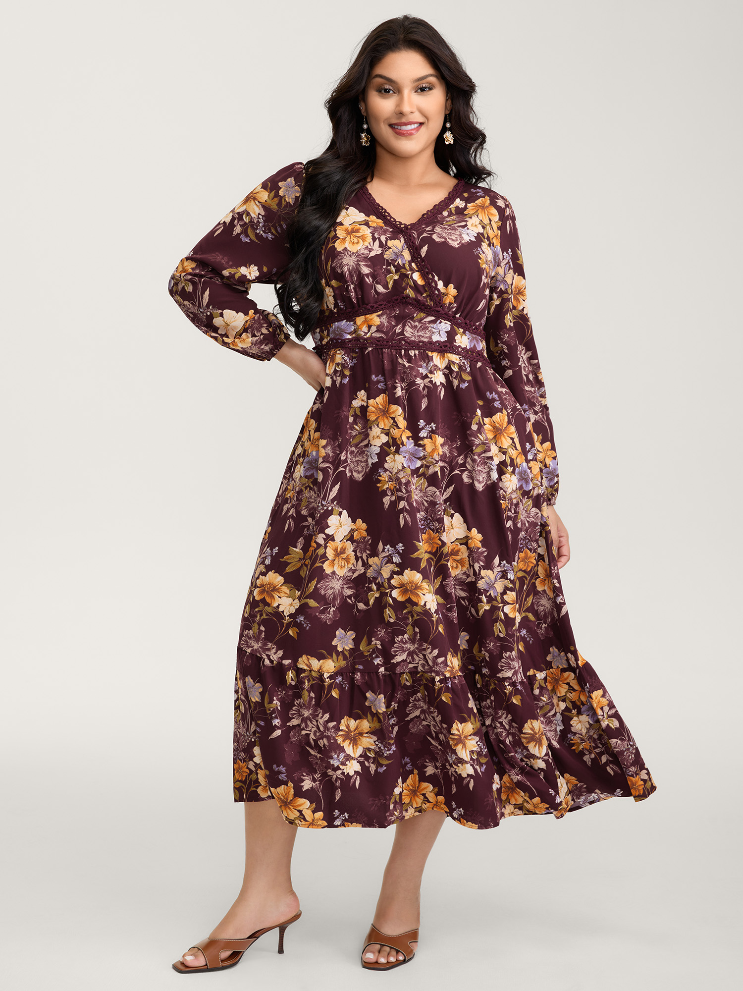 BloomChic Women's Plus Size Floral Lace Print Pockets Maxi Dress Burgundy Floral Maxi Everyday-Elegant Overlapping 10/M