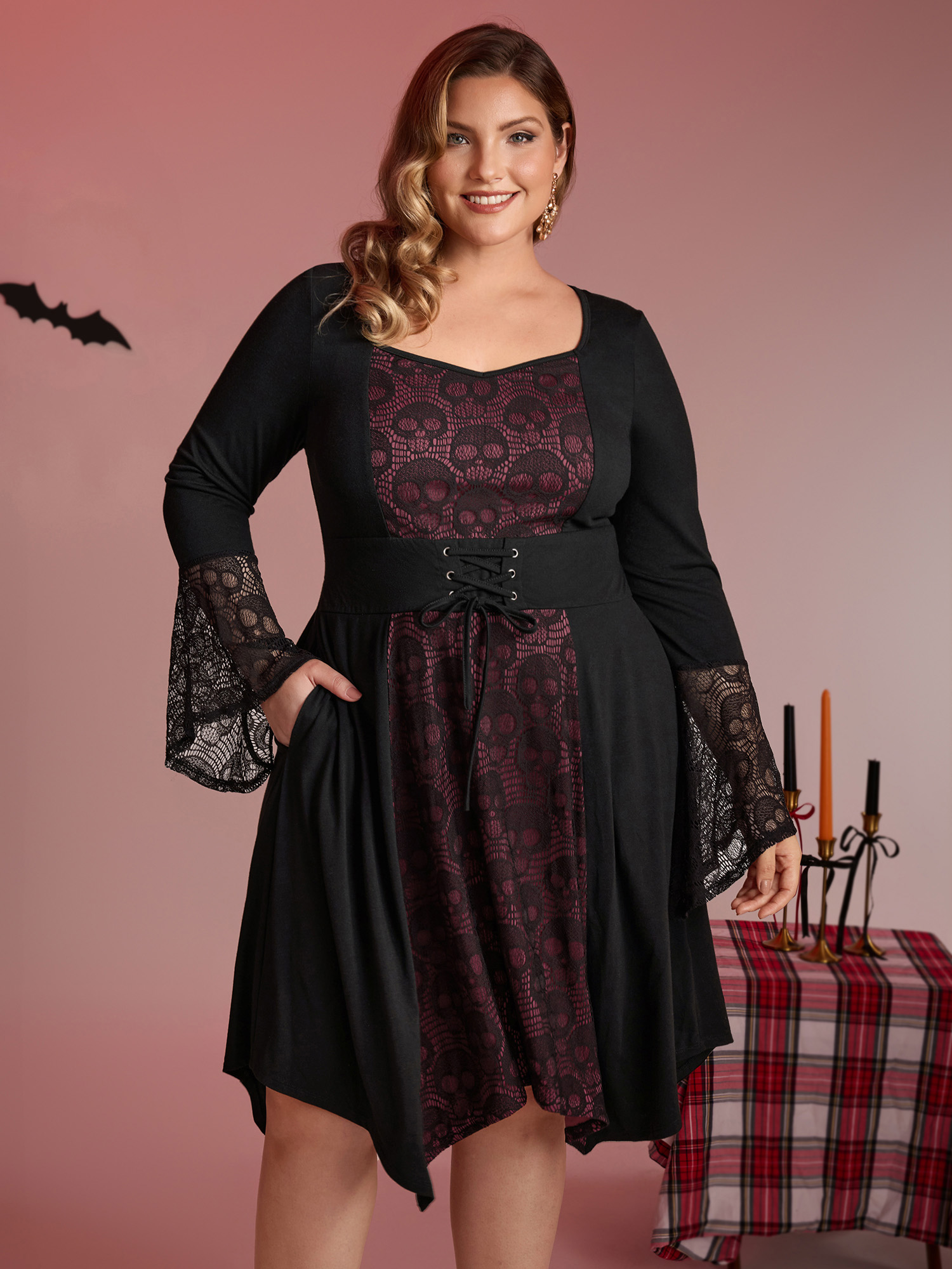BloomChic Women's Plus Size Skull Wide-Waist Tie Contrast Midi Dress Black Party 30/6X-image-47363200516266