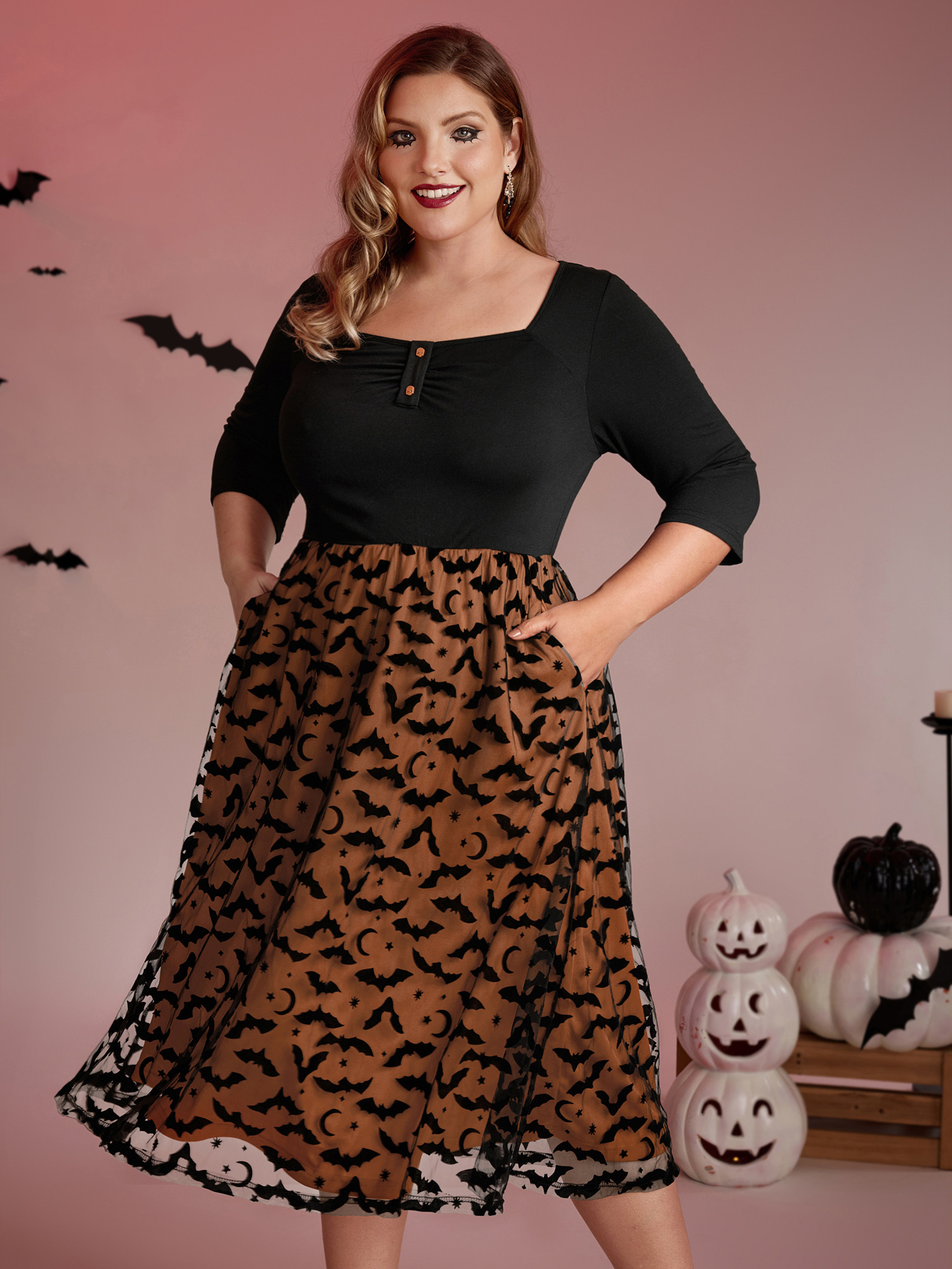 BloomChic Women's Plus Size Bats Print Halloween Sheer Pockets Maxi Dress Black Party Colorblock 26/4X-image-47355170914474