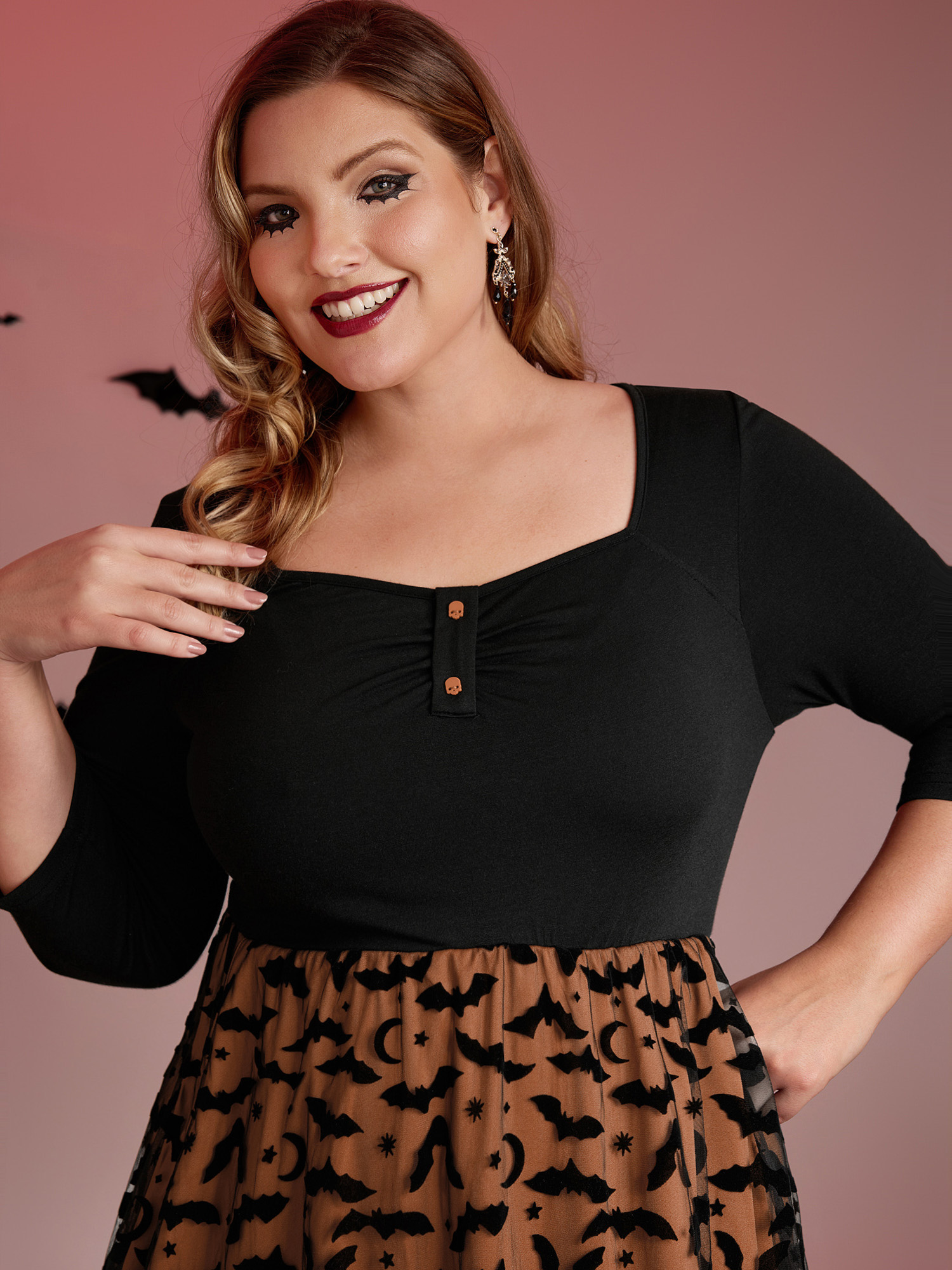 Side view of BloomChic Women's Plus Size Bats Print Halloween Sheer Pockets Maxi Dress Black Party Colorblock 10/M