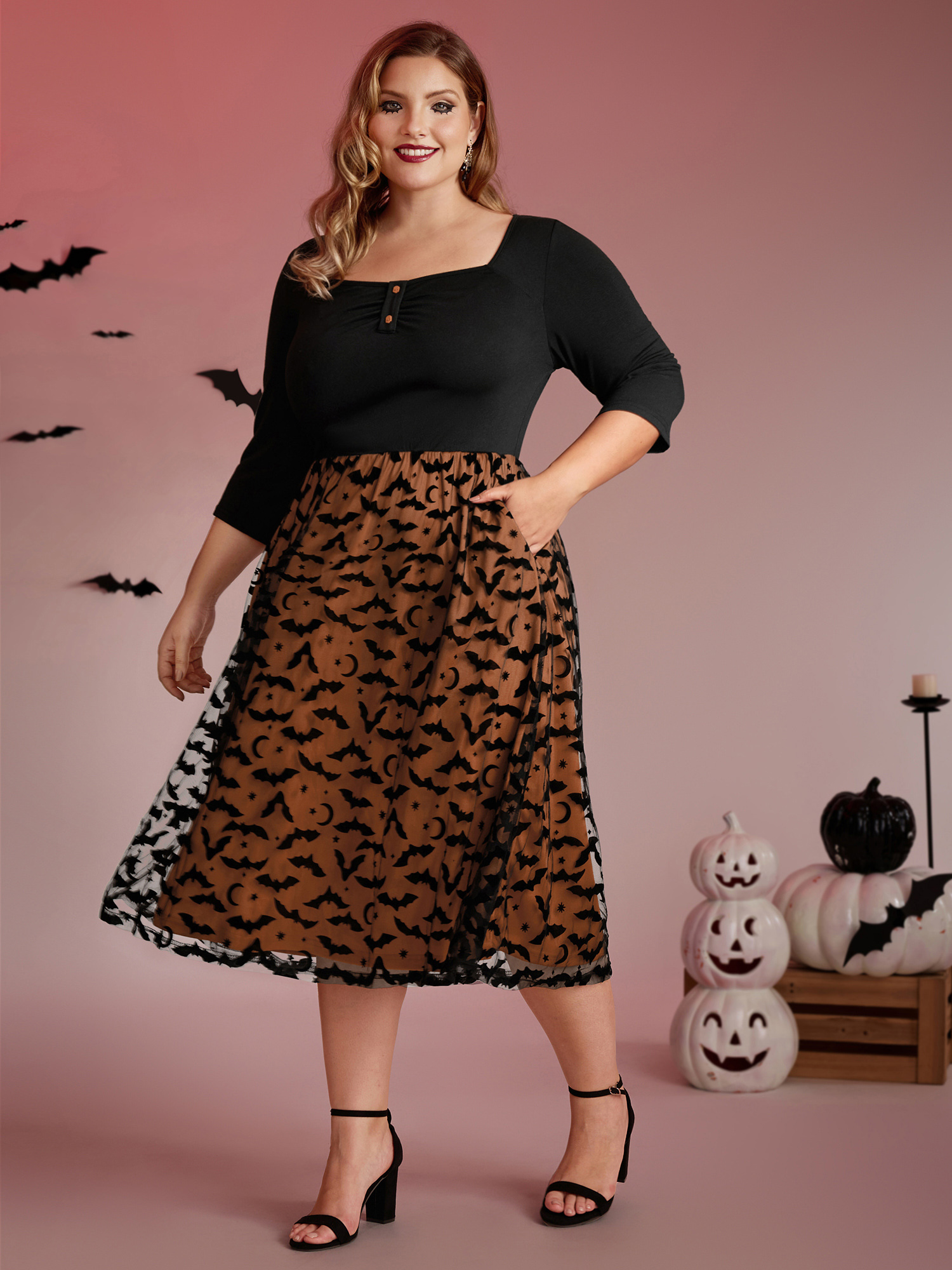 Side view of BloomChic Women's Plus Size Bats Print Halloween Sheer Pockets Maxi Dress Black Party Colorblock 10/M