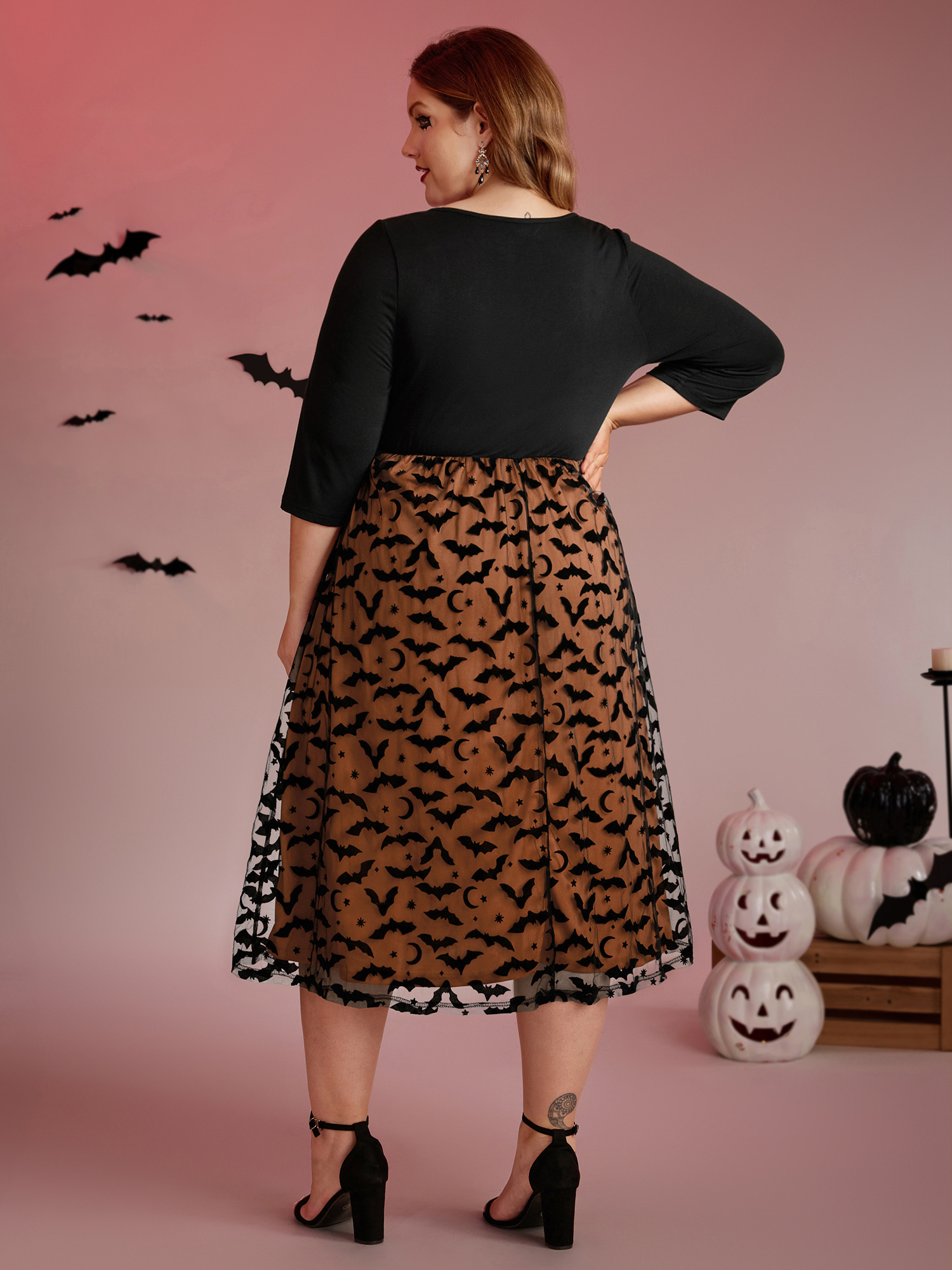 Side view of BloomChic Women's Plus Size Bats Print Halloween Sheer Pockets Maxi Dress Black Party Colorblock 10/M