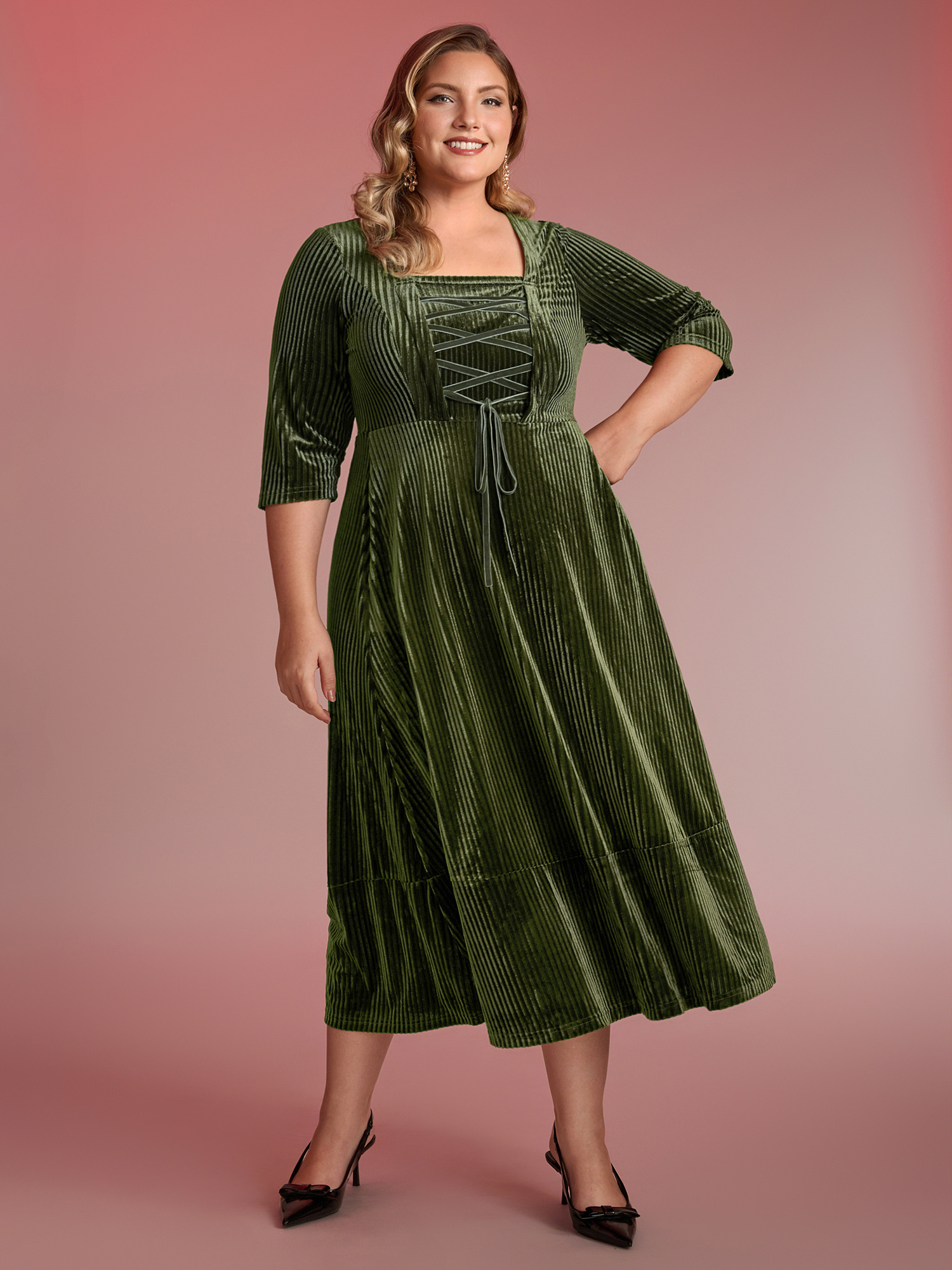 BloomChic Women's Plus Size Adjustable Cross-Tie Velvet Stretchy Waist Midi Dress Sage Elegant Midi 26/4X-image-47355169996970