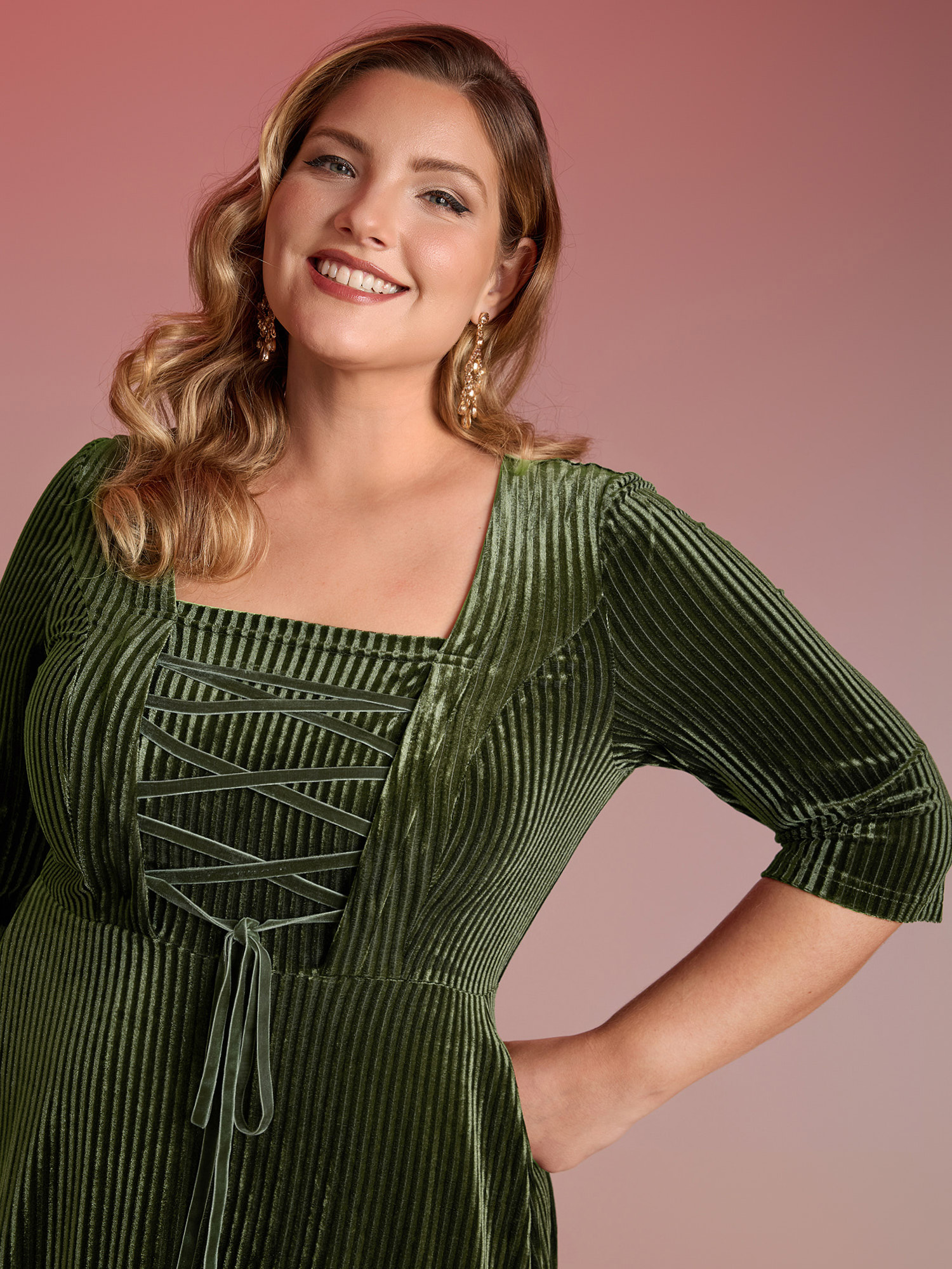 Side view of BloomChic Women's Plus Size Adjustable Cross-Tie Velvet Stretchy Waist Midi Dress Sage Elegant Midi 28/5X