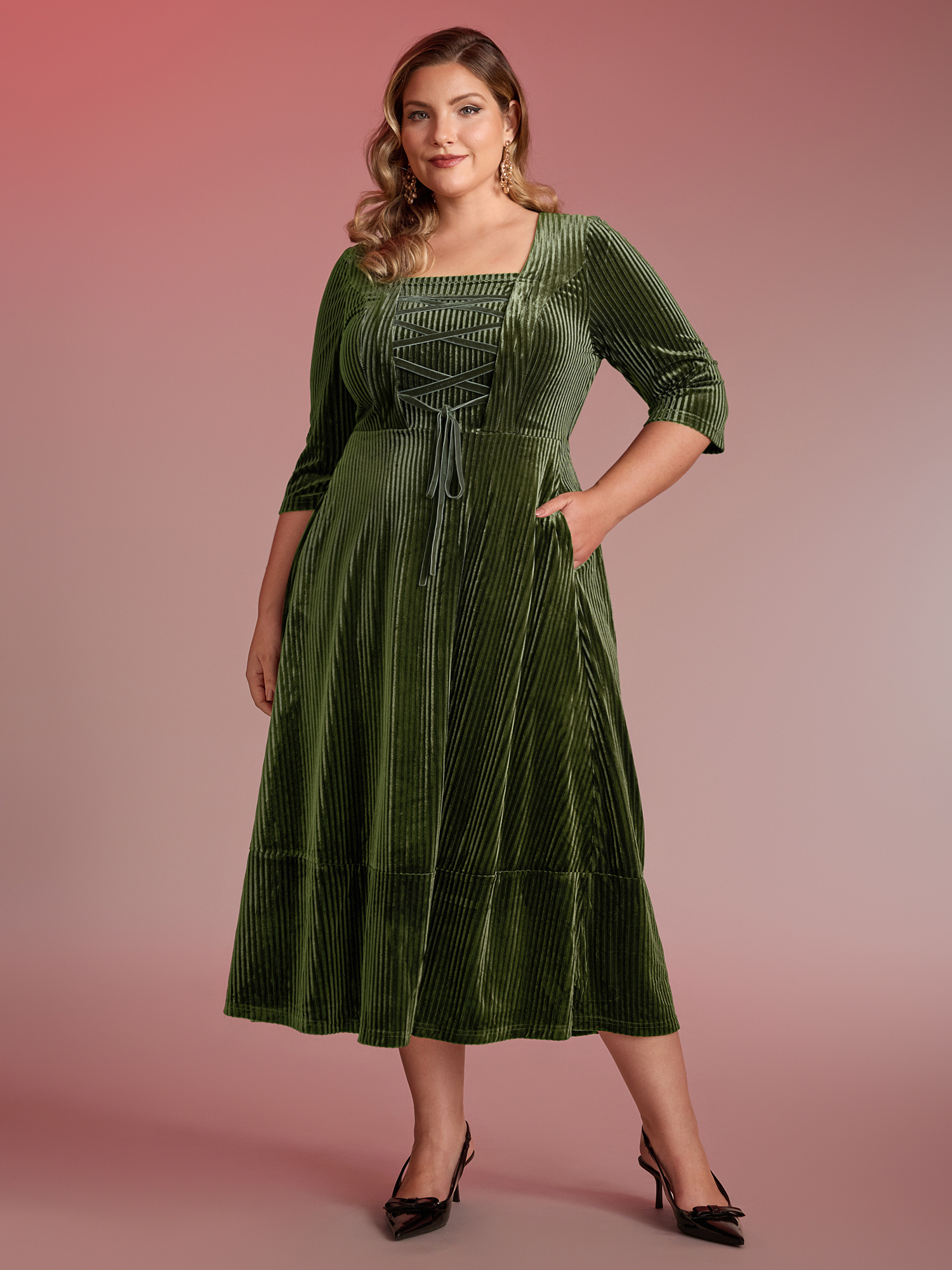 Side view of BloomChic Women's Plus Size Adjustable Cross-Tie Velvet Stretchy Waist Midi Dress Sage Elegant Midi 28/5X