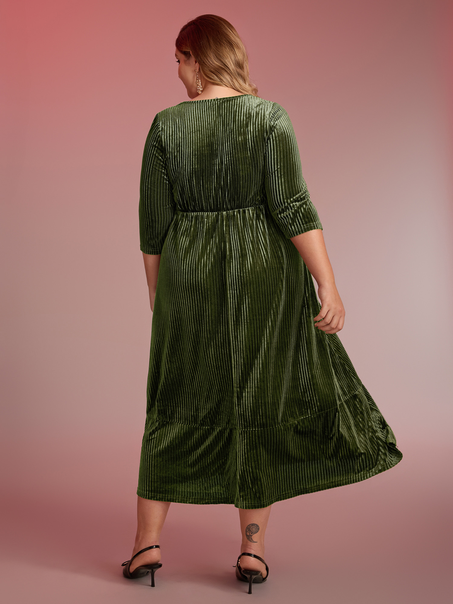 Side view of BloomChic Women's Plus Size Adjustable Cross-Tie Velvet Stretchy Waist Midi Dress Sage Elegant Midi 28/5X