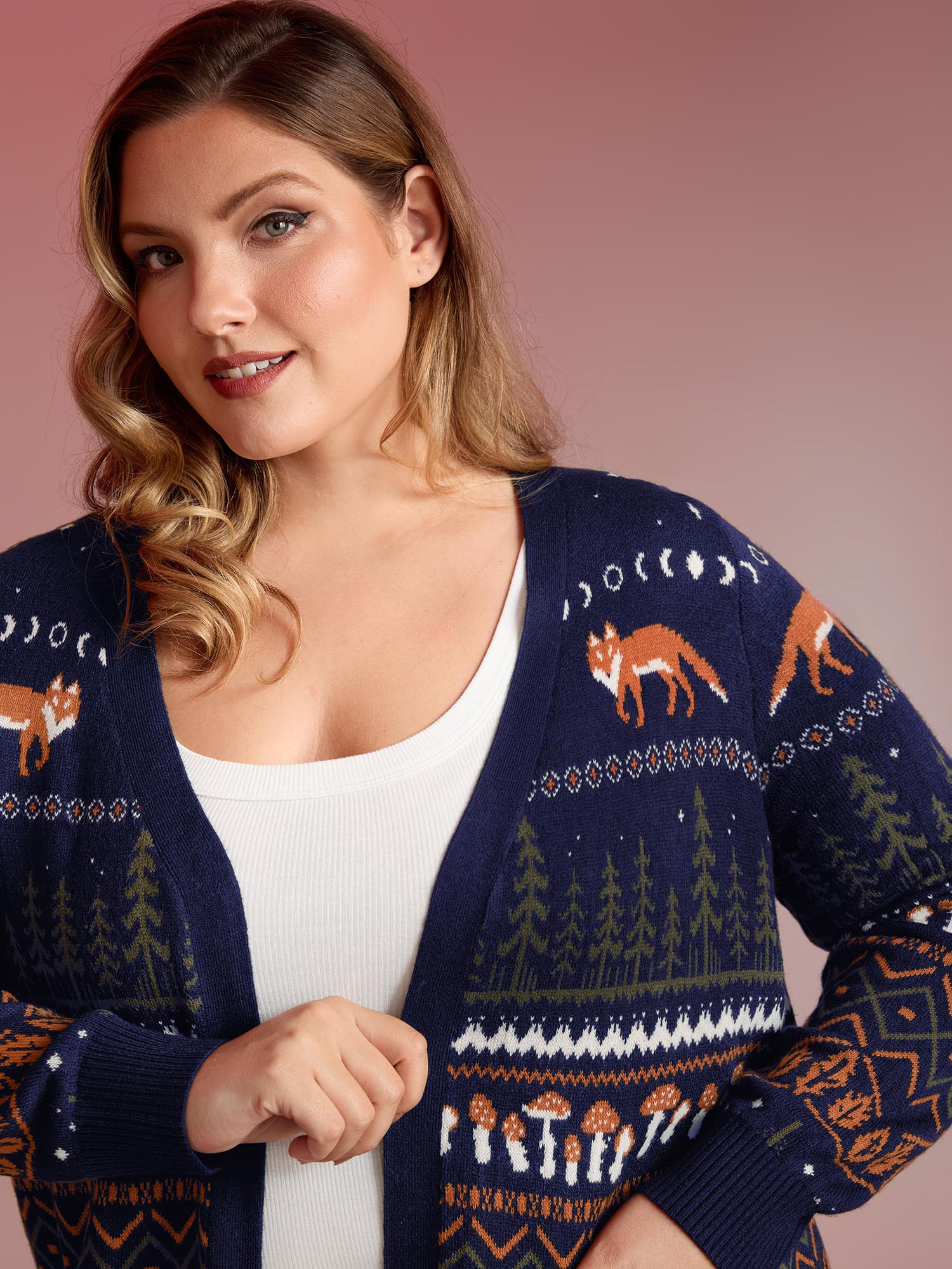 BloomChic Women's Plus Size Fox in Forest Contrast Knit Cardigan Indigo Long Sleeve V-Neck 10/M
