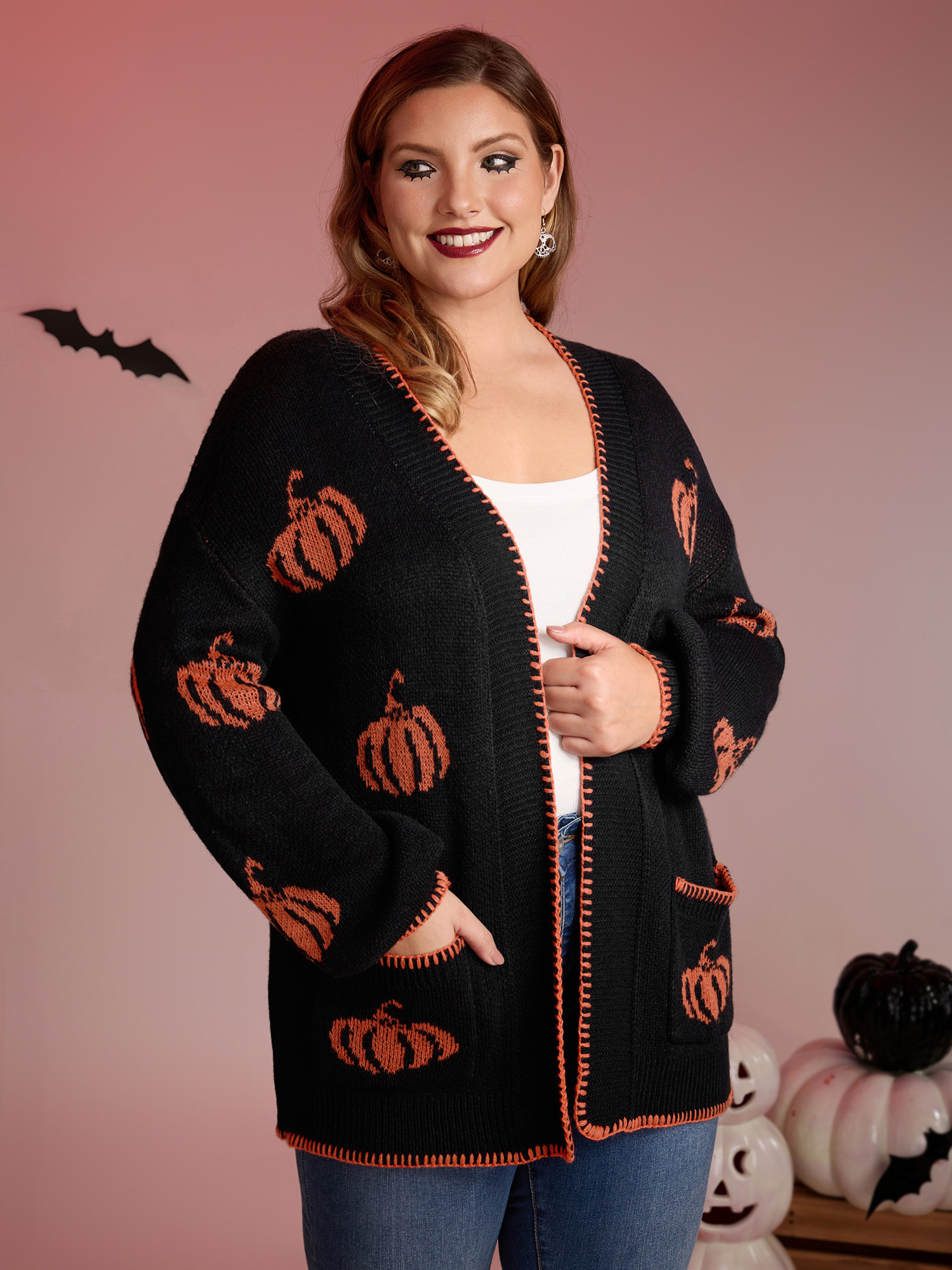 BloomChic Women's Plus Size Halloween Pumpkin Print Contrast Knit Cardigan Black Long Sleeve 10/M