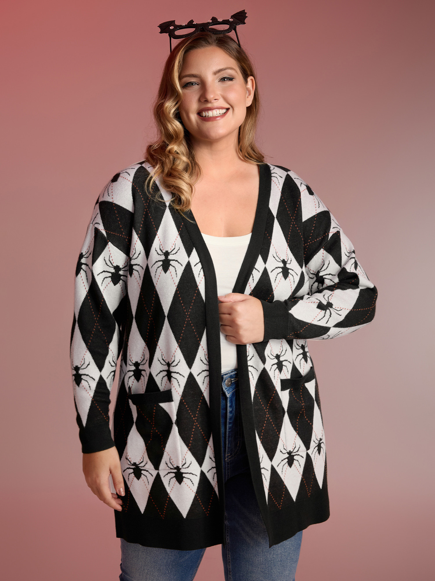 BloomChic Women's Plus Size Spider Check Jacquard Pockets Knit Cardigan Black Long Sleeve 12/L