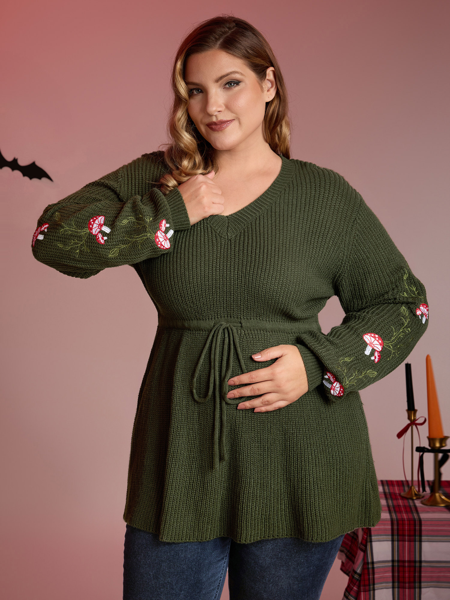 BloomChic Women's Plus Size Mushroom Halloween Embroidery A-Line Pullover ArmyGreen Long Sleeve 12/L