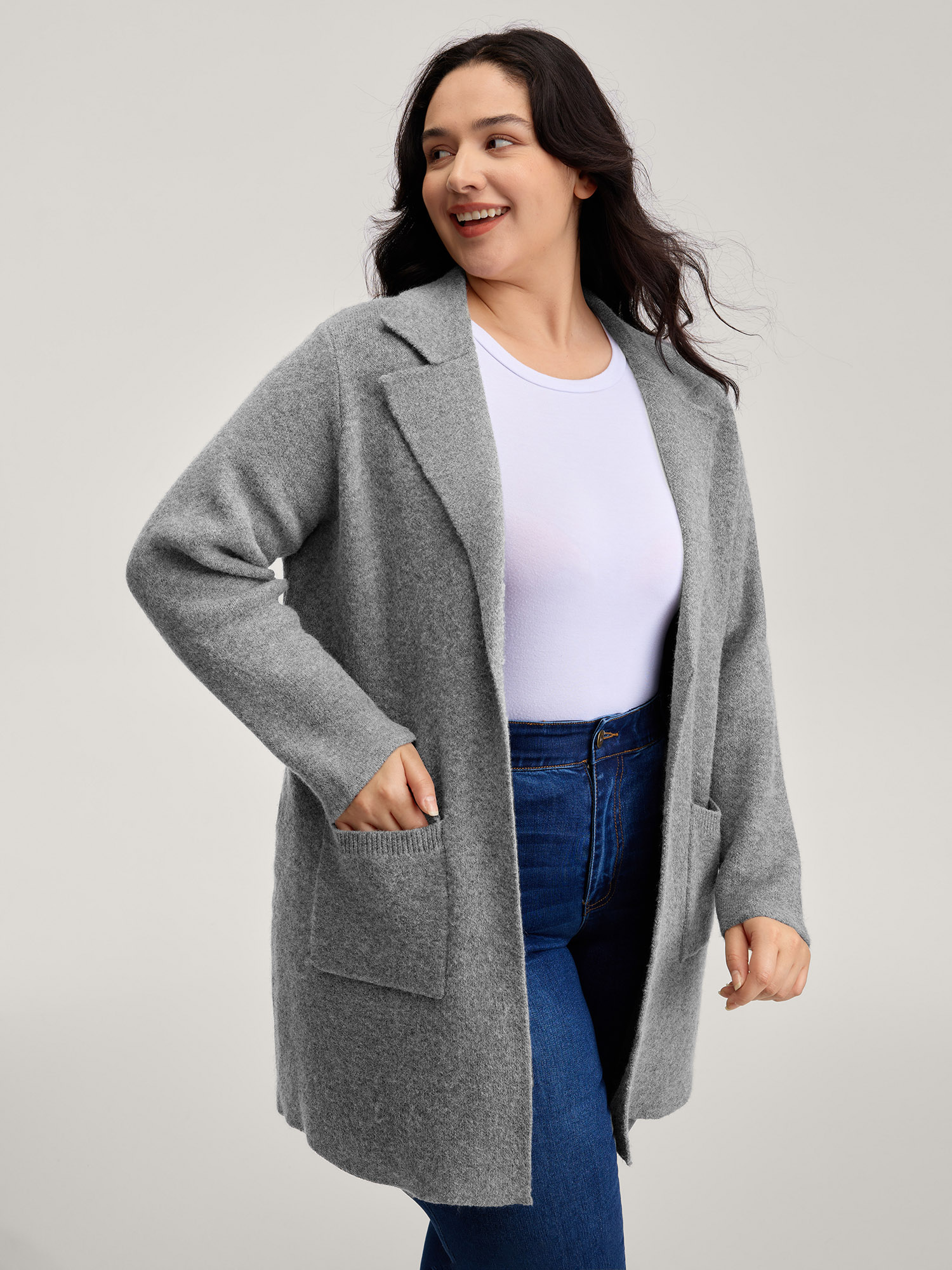 BloomChic Women's Plus Size Notched Lapels Slit Back Knit Cardigan DarkGray Long Sleeve 10/M