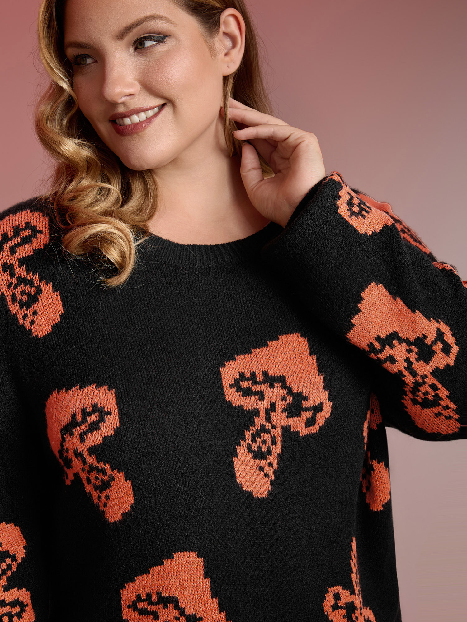 BloomChic Women's Plus Size Halloween Mushroom Jacquard Print Pullover Black Christmas Long Sleeve 22-24/3X
