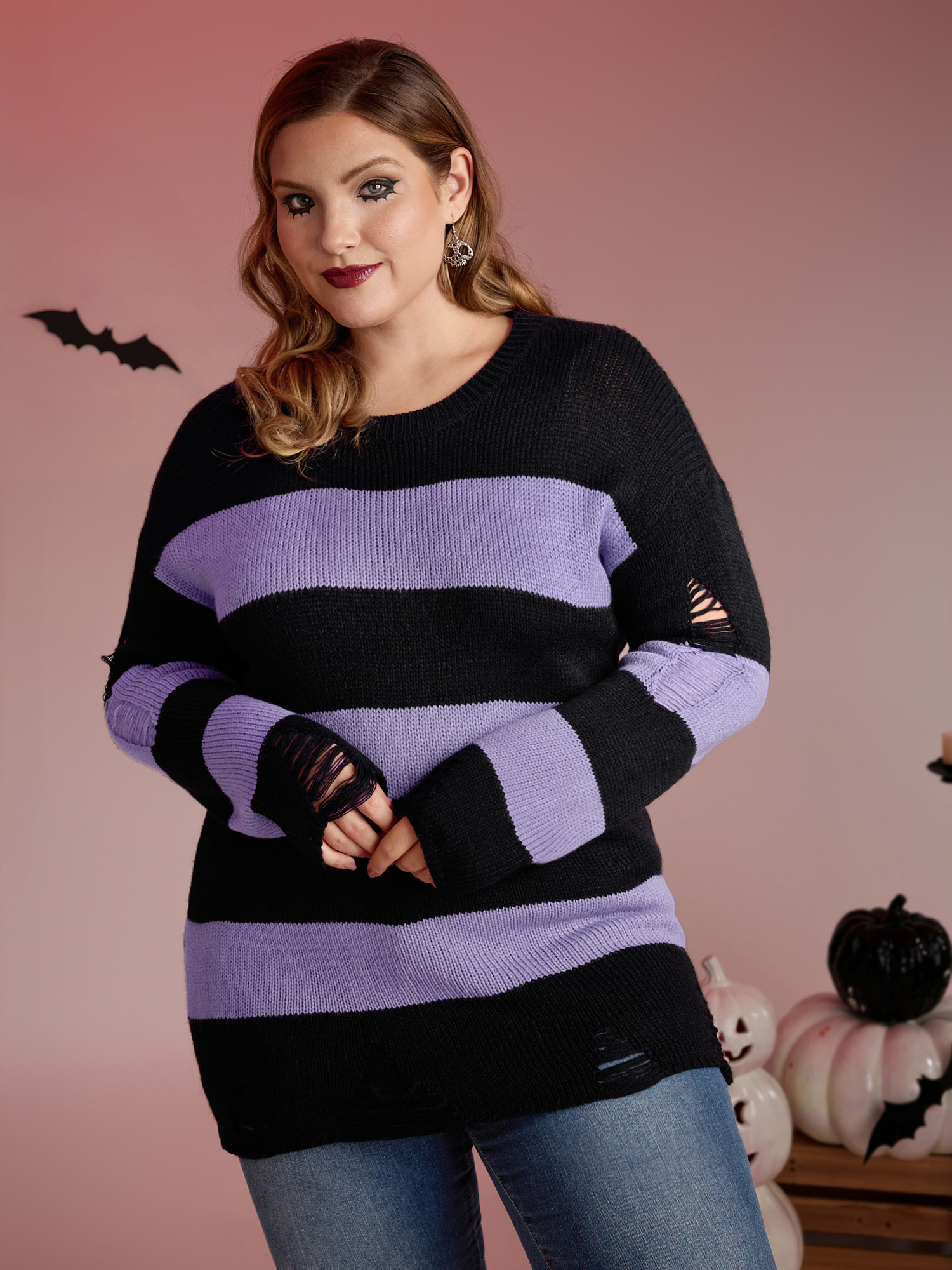 BloomChic Women's Plus Size Colorful Stripes Cut-Out Pullover Black Long Sleeve 10/M