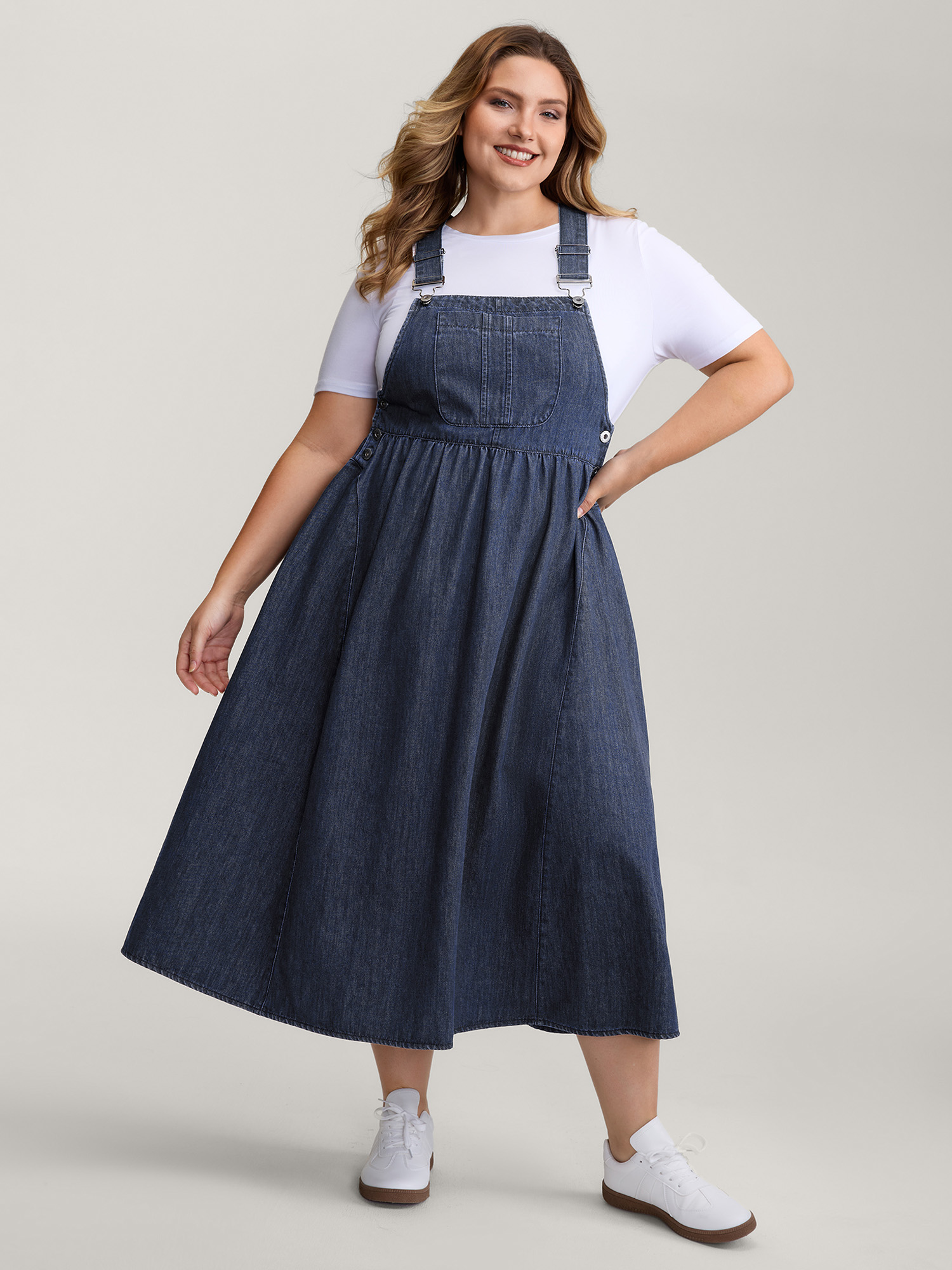 BloomChic Women's Plus Size Denim Adjustable Overall Straps Pockets Midi Dress Denimindigo Midi Everyday-Casual A-line 28/5X