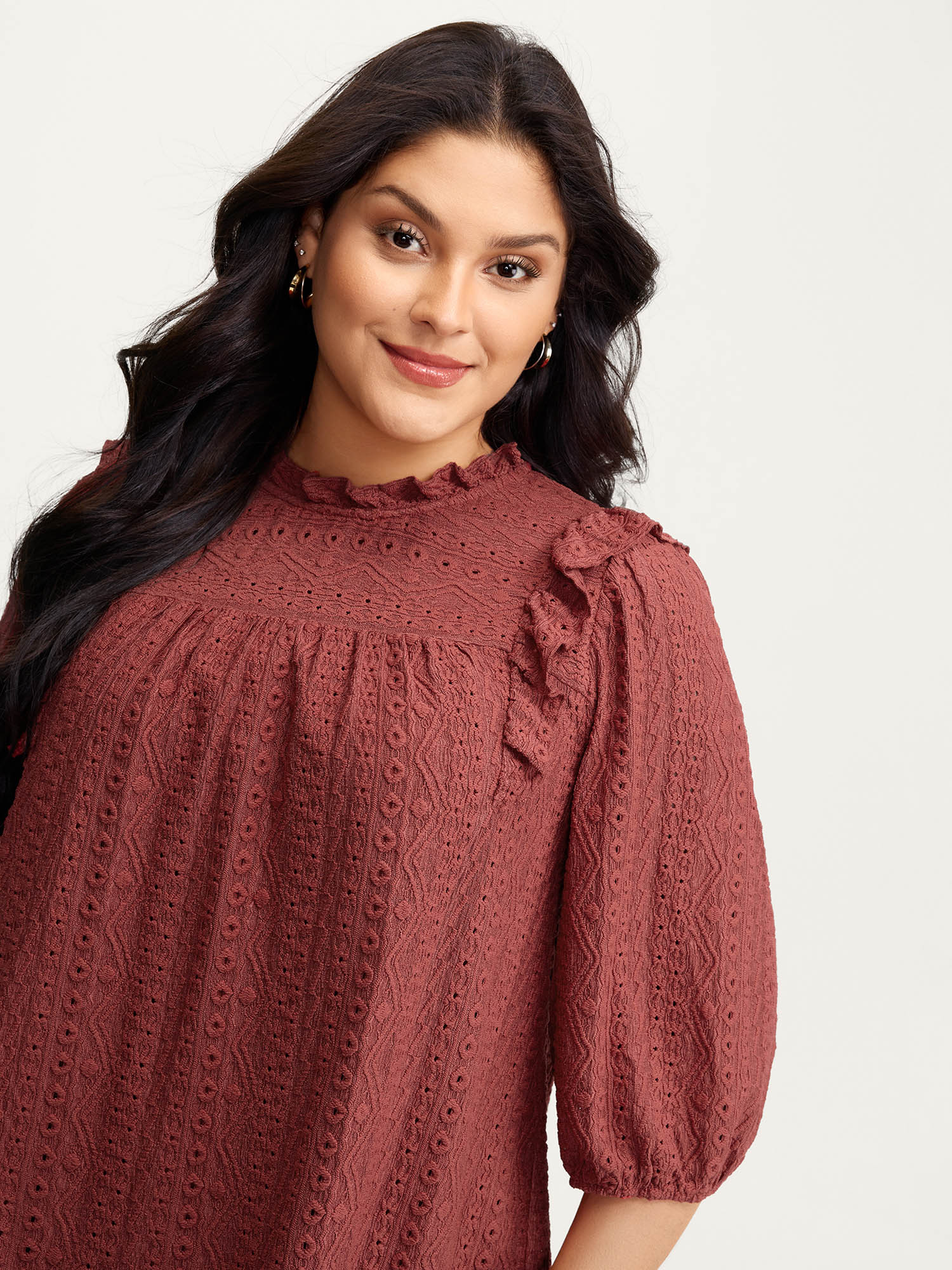 BloomChic Plus Size Textured Ruffled Neck Pleated Blouse - Women's OrangeRed Solid Ruffle Trim Neck 3/4 Sleeve Elegant Blouses 14/M