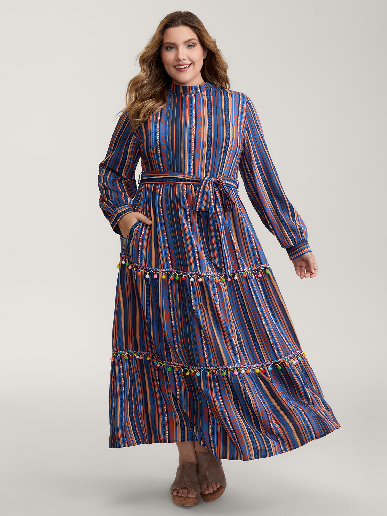 BloomChic Women's Plus Size Stripe Tassels Stretchy Waist Pockets Maxi Dress DarkBlue Stripes Maxi Vacation 10/M