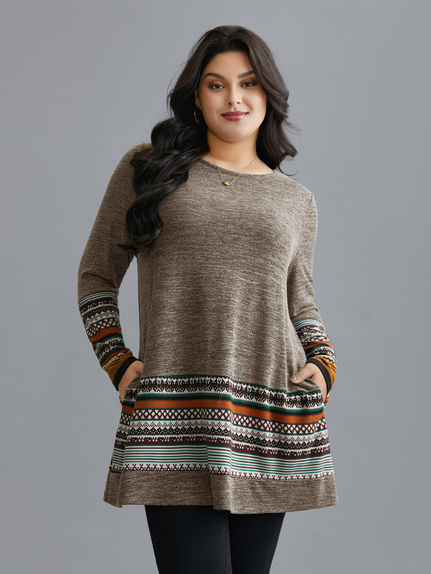 BloomChic Women's Plus Size Tunic Boho Print Pocket T-shirt DarkBrown Ethnic Floral Everyday-Casual Long Sleeve Round Neck 26/4X