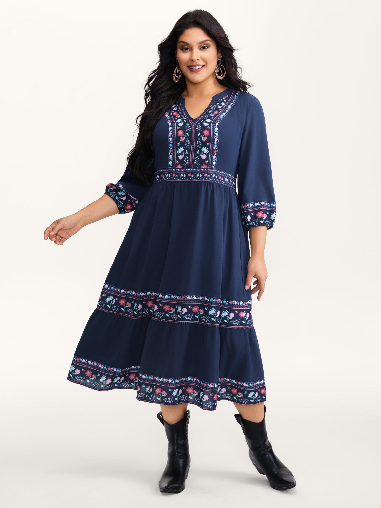 BloomChic Women's Plus Size Floral Pattern Stretchy Waist Notched Maxi Dress Navy Bohemian print Midi Vacation Colorblock 30/6X