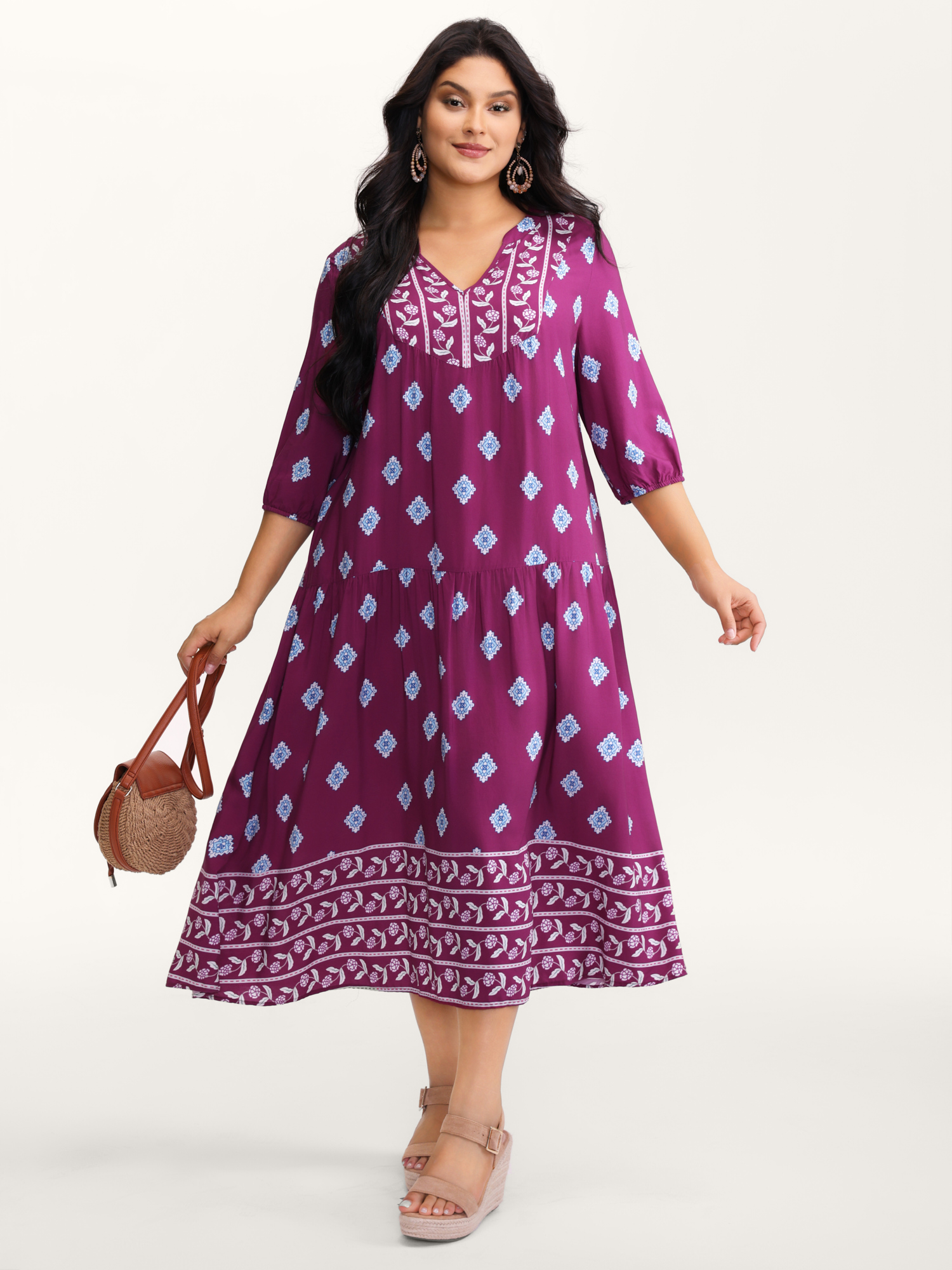 BloomChic Women's Plus Size Supersoft Rayon Boho Print Maxi Dress Multicolor Bohemian print Midi Vacation Gathered 10/M