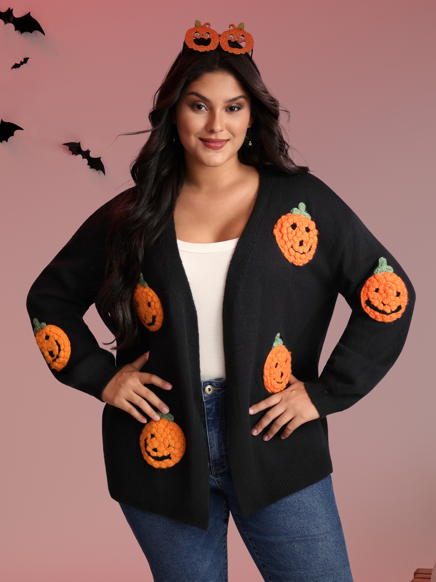 BloomChic Women's Plus Size Happy Pumpkin Crochet Knit Cardigan Black Long Sleeve 12