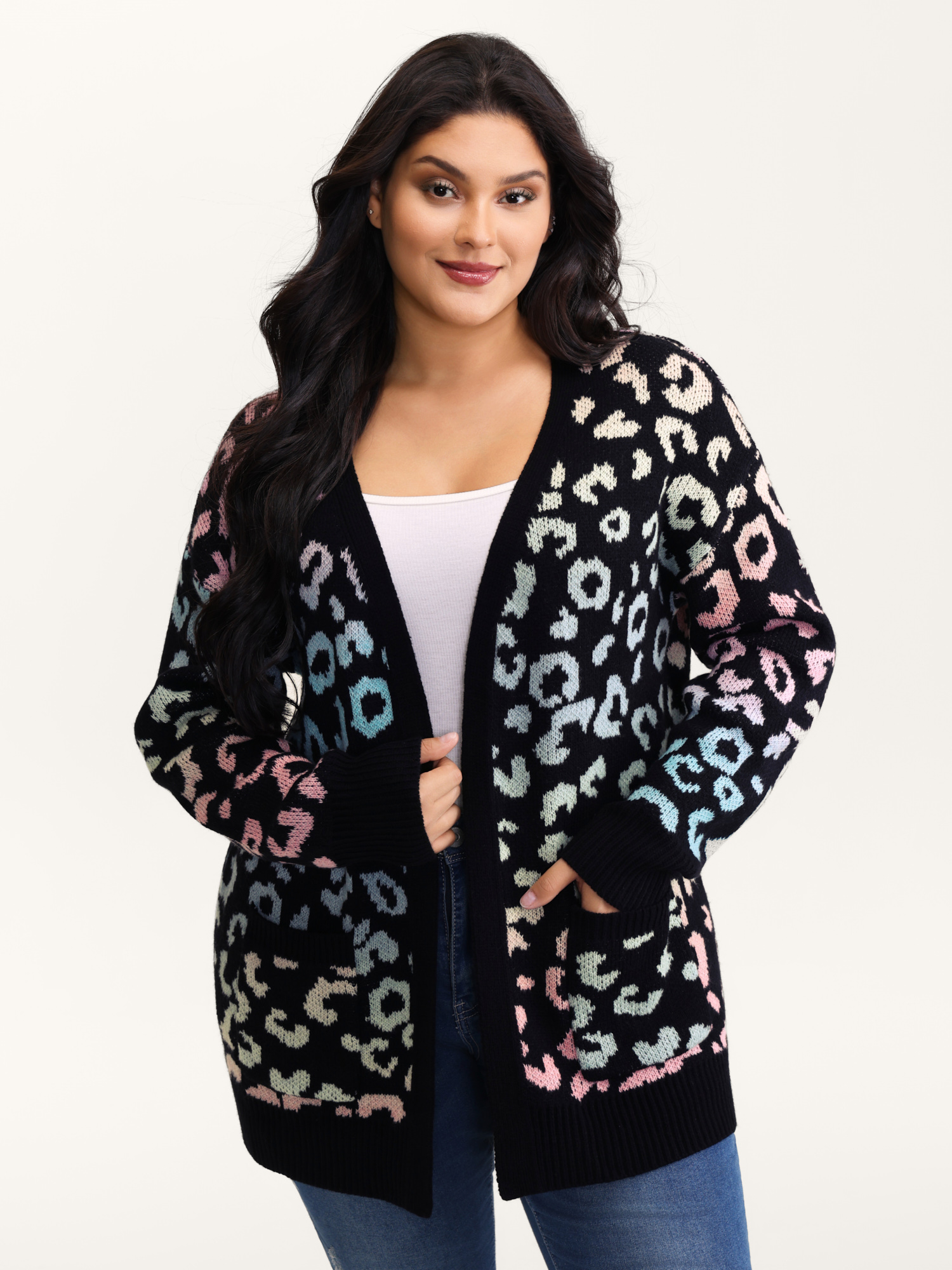 BloomChic Women's Plus Size Leopard Colorful Print Open-Front Cardigan Leopard Long Sleeve V-Neck 30/6X