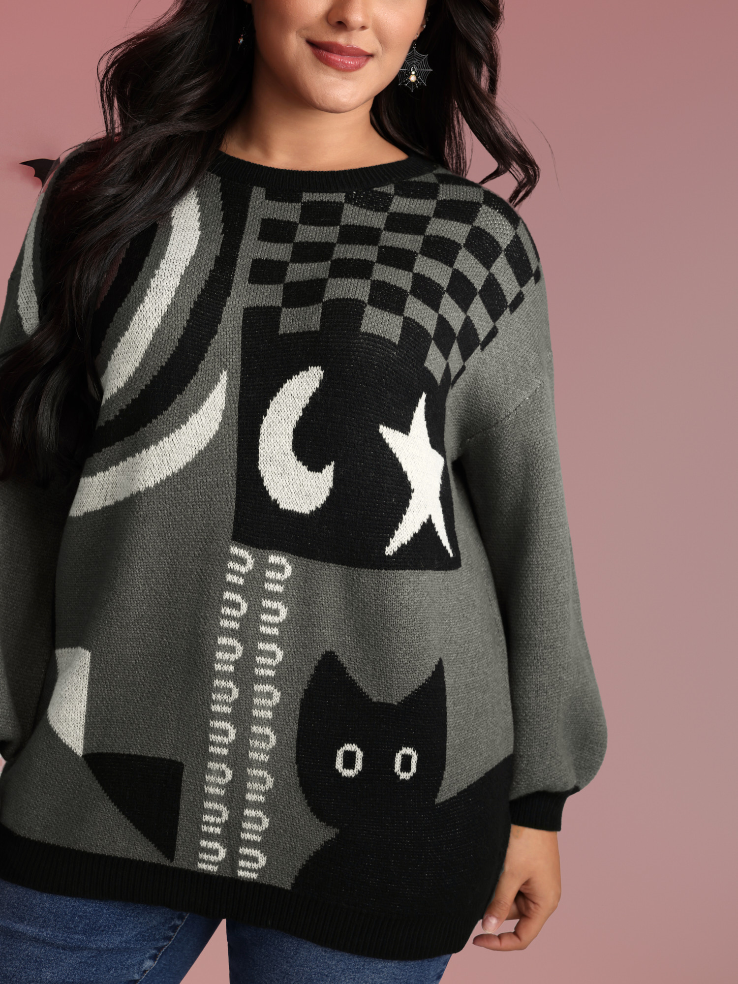 BloomChic Women's Plus Size Halloween Cat Print Contrast Pullover DimGray Moon and Star Long Sleeve 12/L