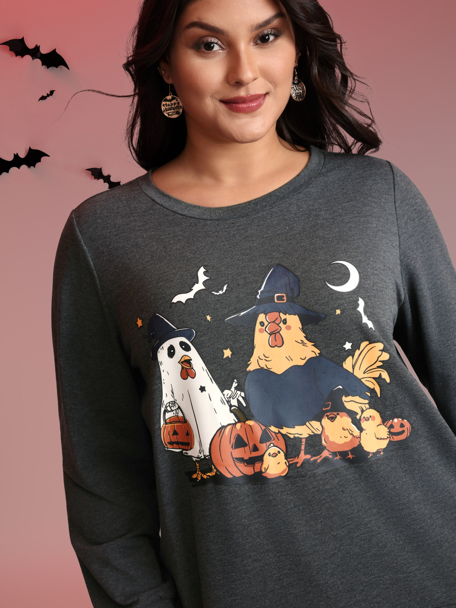 BloomChic Women's Plus Size Spooky Midnight Halloween Print Sweatshirt DimGray Graphic-Halloween Everyday-Casual 10/M