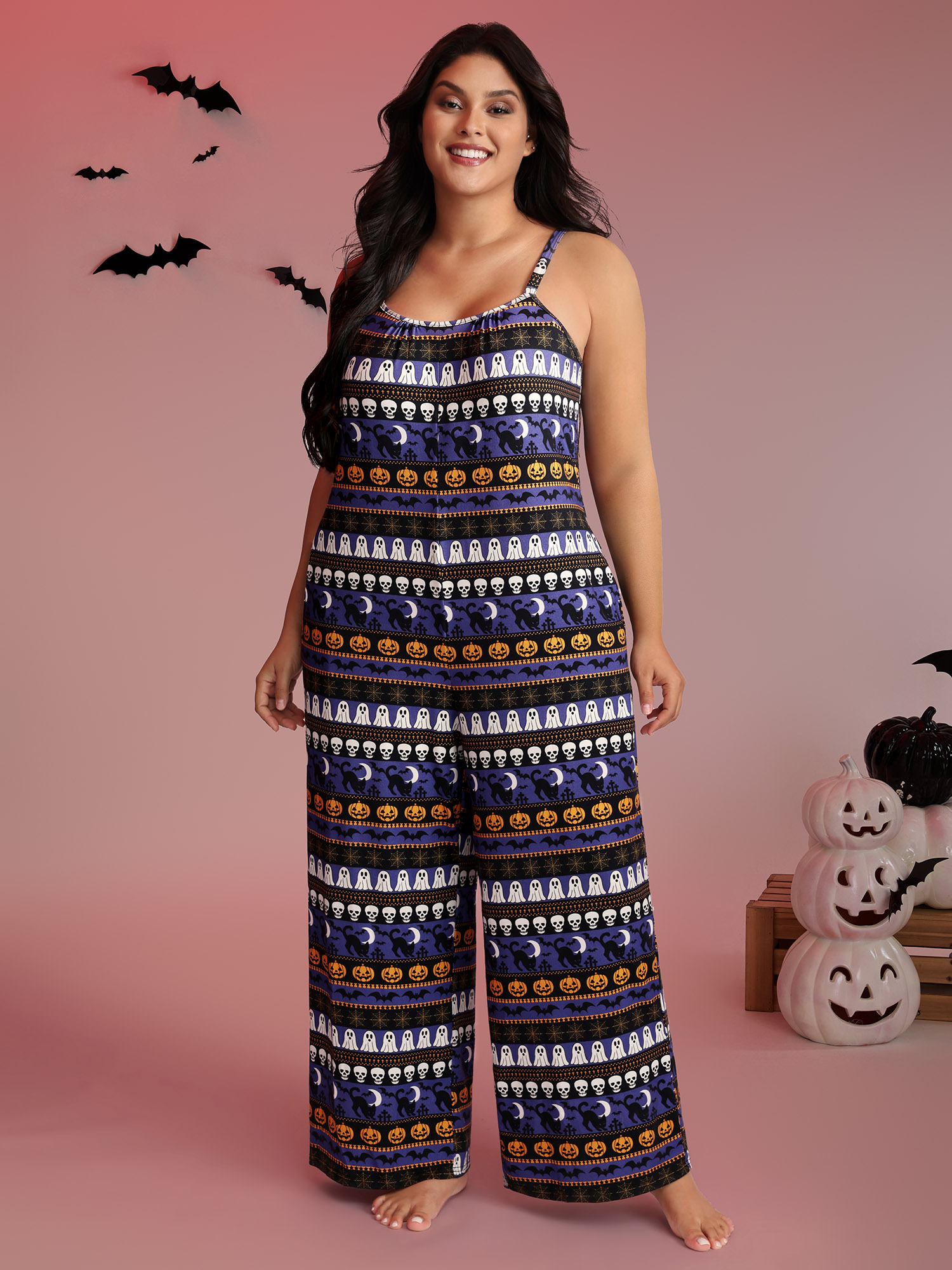 BloomChic Women's Plus Size Supersoft Halloween Print Pockets Lounge Jumpsuit Multicolor Halloween Maxi 12/L