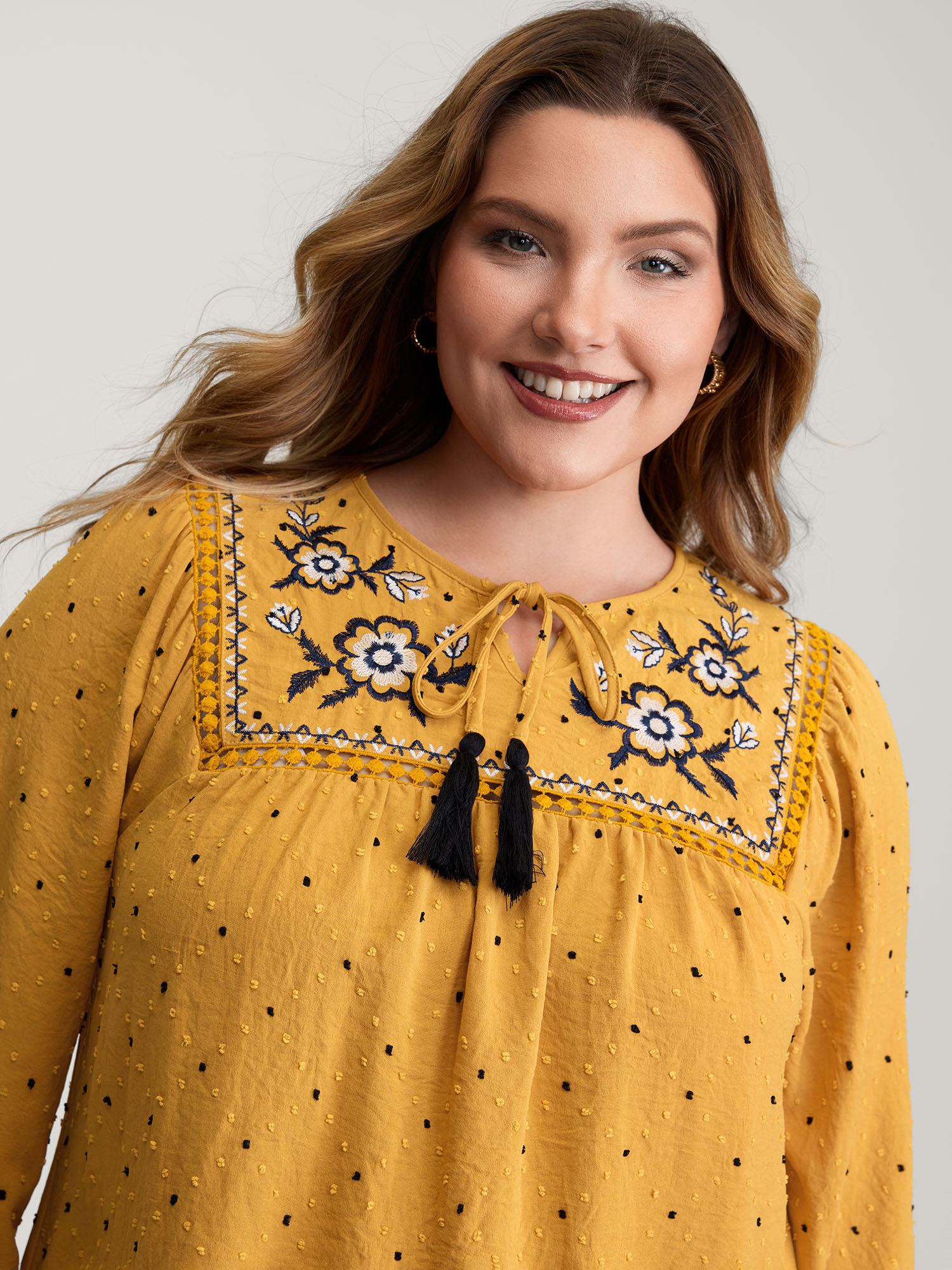 BloomChic Women's Plus Size Textured Dot Embroidered Tassel Flowy Blouse Turmeric Vacation Long Sleeve 10/M