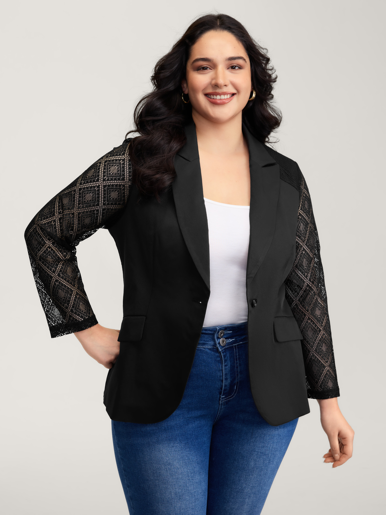 BloomChic Women's Plus Size Stretchy Textured Sheer Sleeve Contrast Blazer Black See through Sleeve Extra Long Sleeve 22-24/3X-image-47400029978794