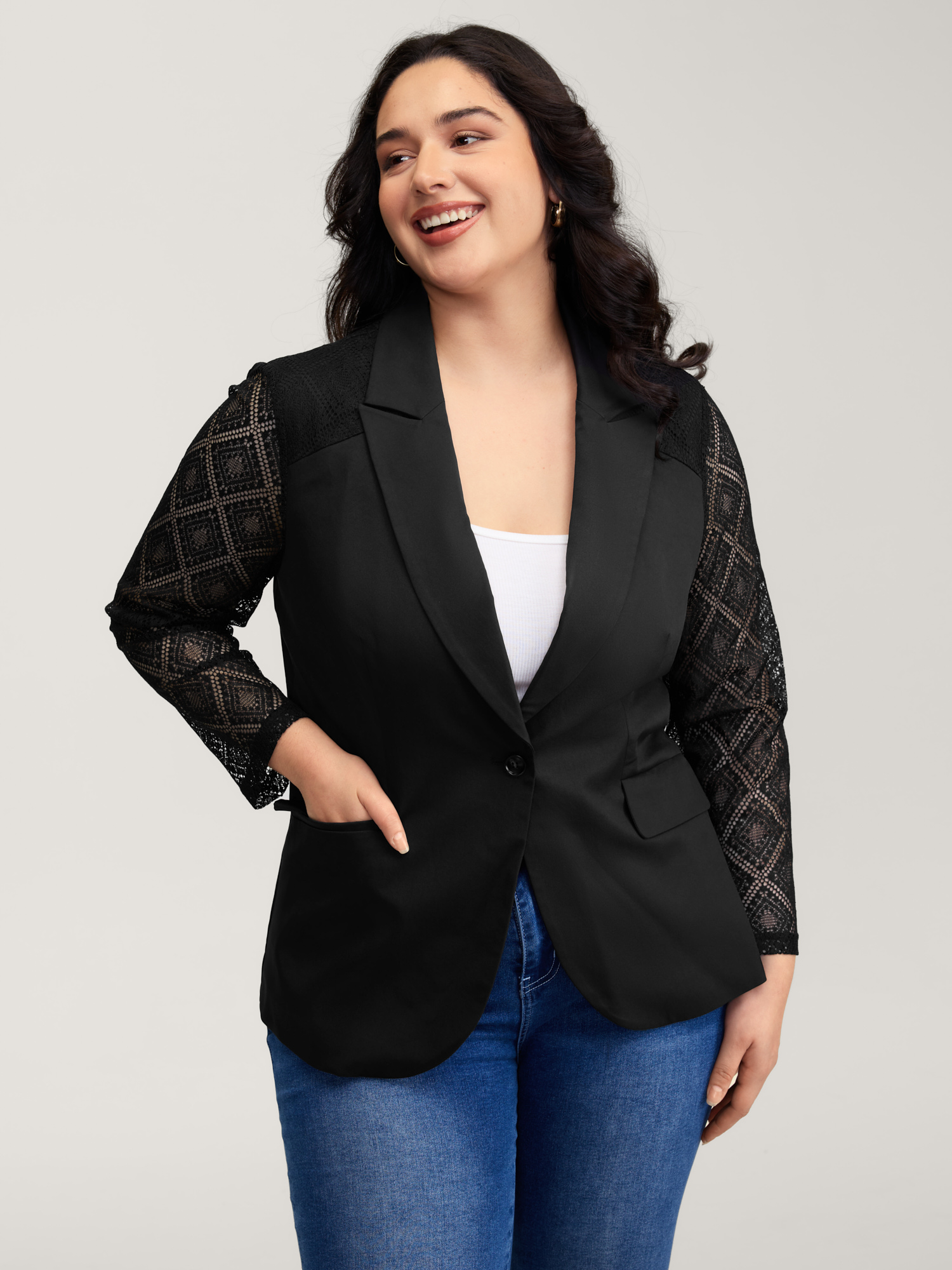 Side view of BloomChic Women's Plus Size Stretchy Textured Sheer Sleeve Contrast Blazer Black See through Sleeve Extra Long Sleeve 22-24/3X