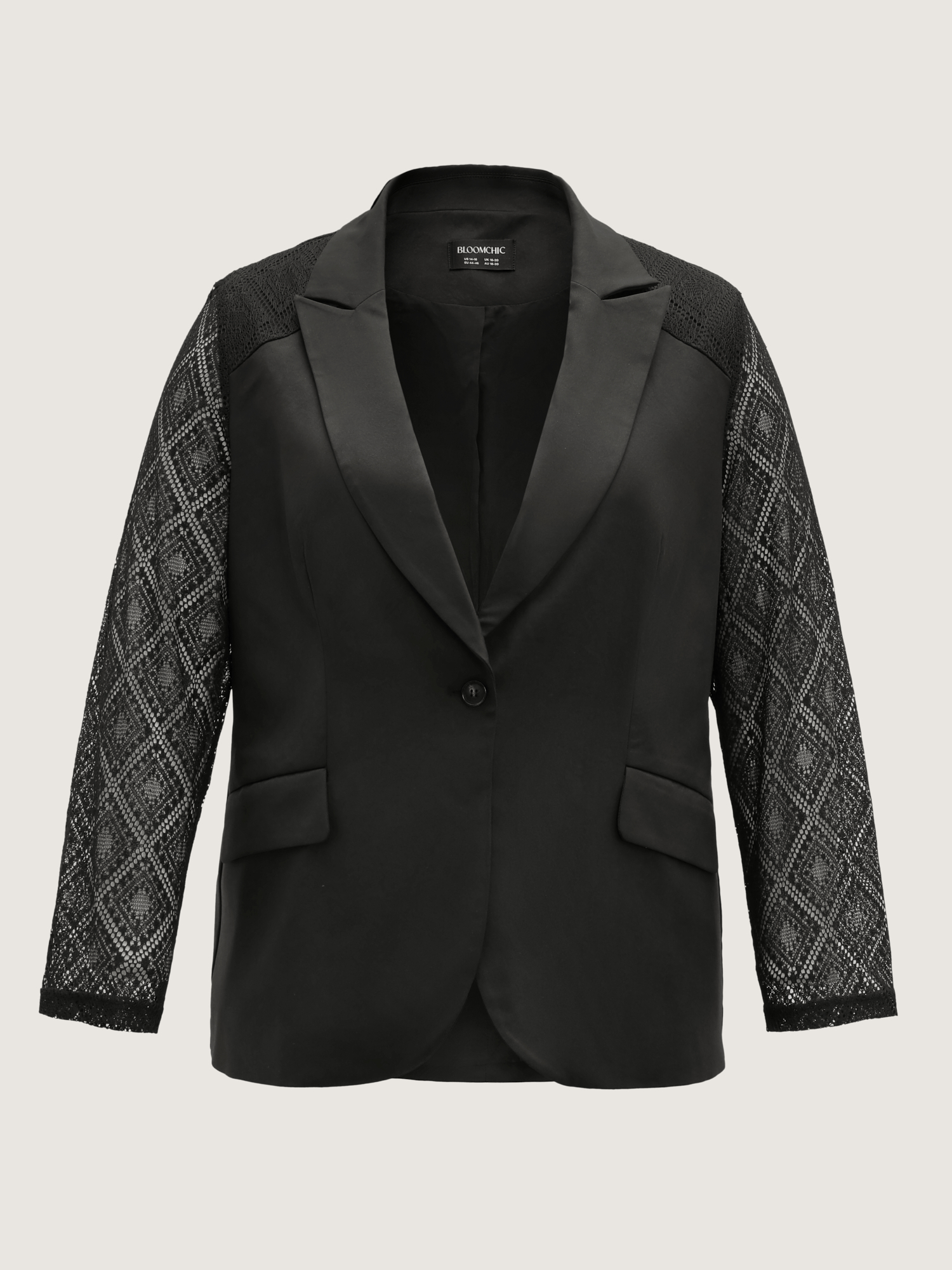 Side view of BloomChic Women's Plus Size Stretchy Textured Sheer Sleeve Contrast Blazer Black See through Sleeve Extra Long Sleeve 22-24/3X
