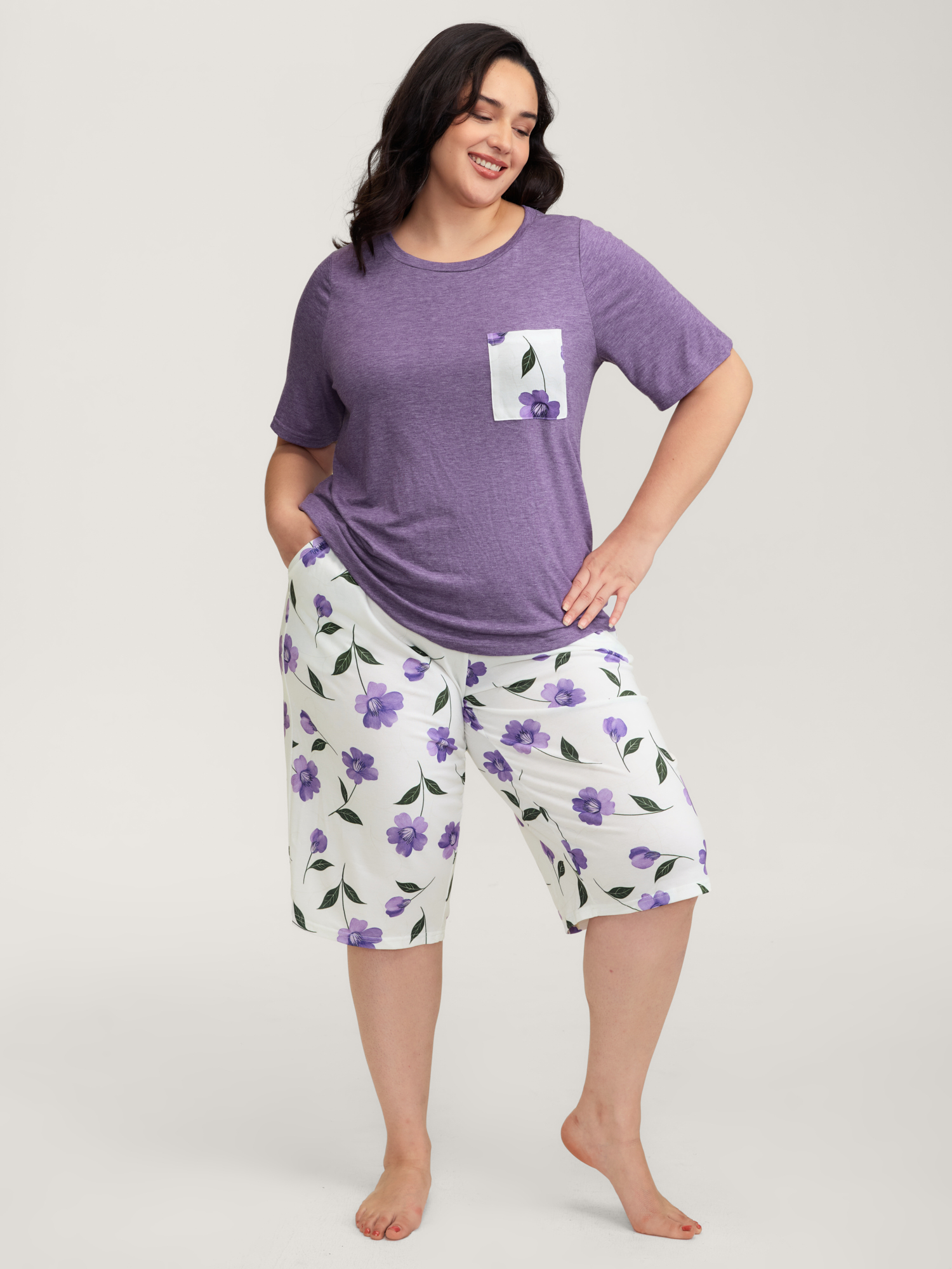BloomChic Women's Plus Size Color Contrast Floral Print Pockets Pajama Set BlueViolet not graphics 10/M-image-47400034336938