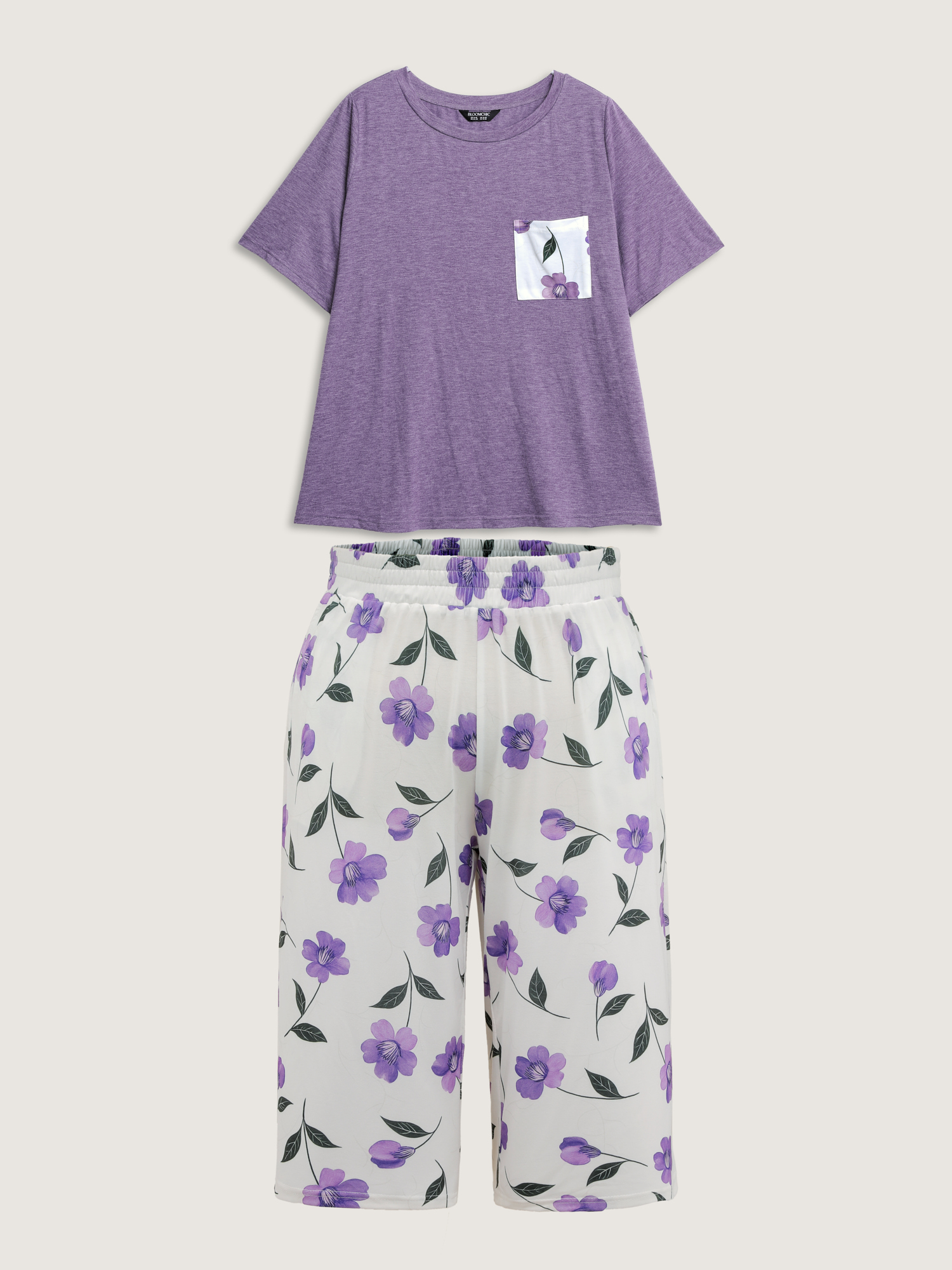 Side view of BloomChic Women's Plus Size Color Contrast Floral Print Pockets Pajama Set BlueViolet not graphics 18-20/2X