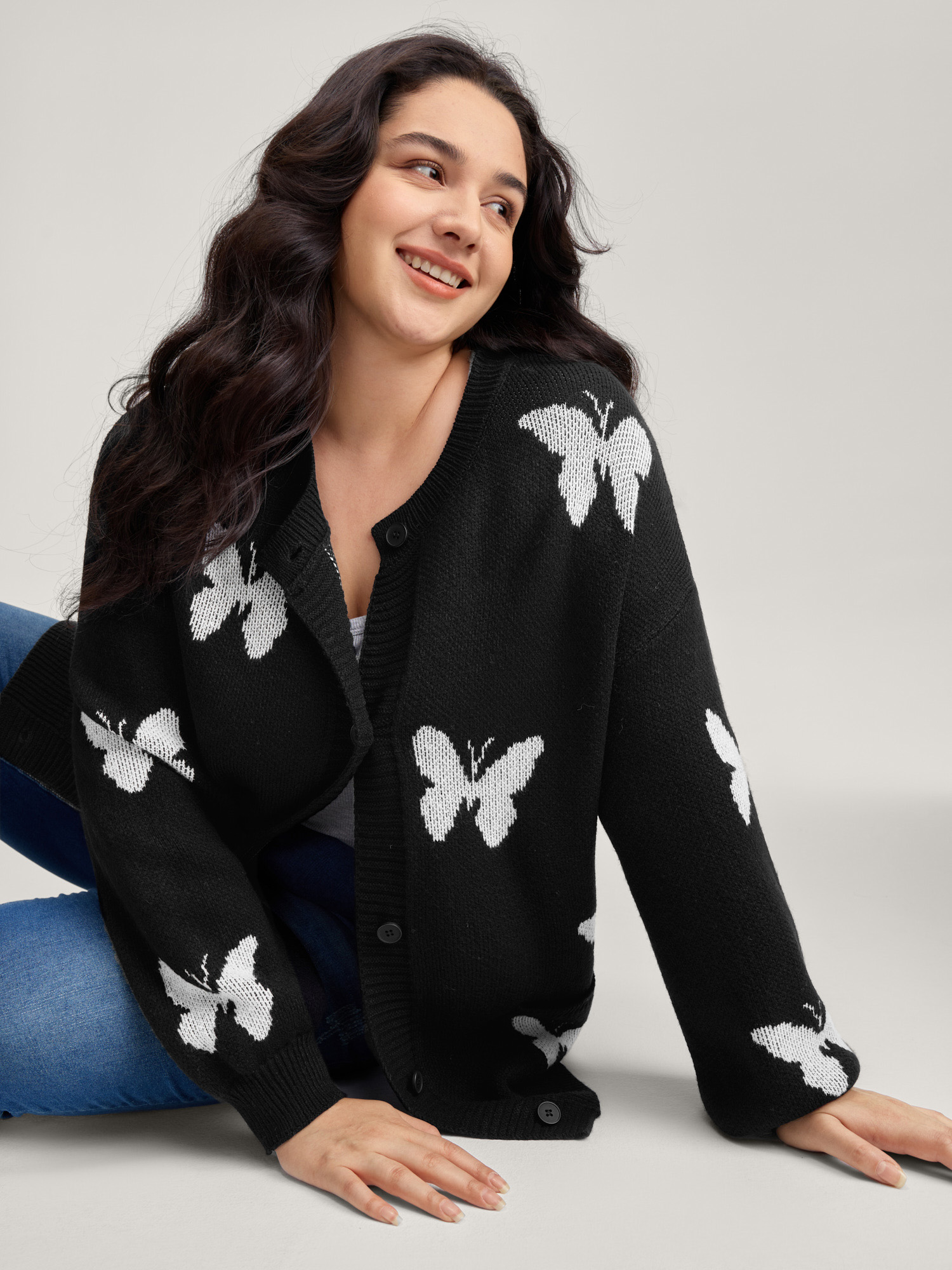 BloomChic Women's Plus Size Butterfly Jacquard Pattern Knit Cardigan Black Long Sleeve 10/M