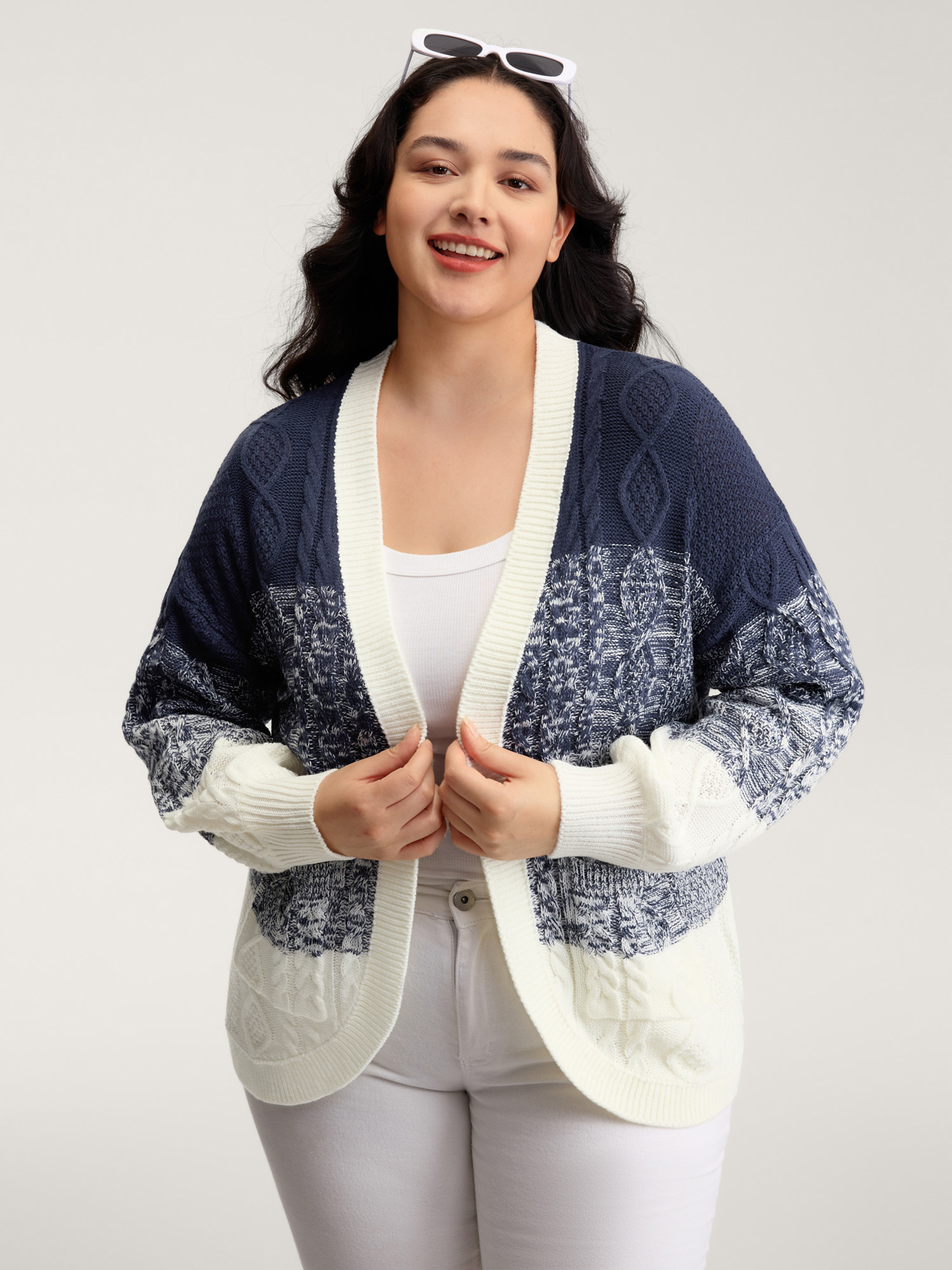 BloomChic Women's Plus Size Arc-Hem Ombre Gradient Knit Cardigan Indigo Long Sleeve 10/M