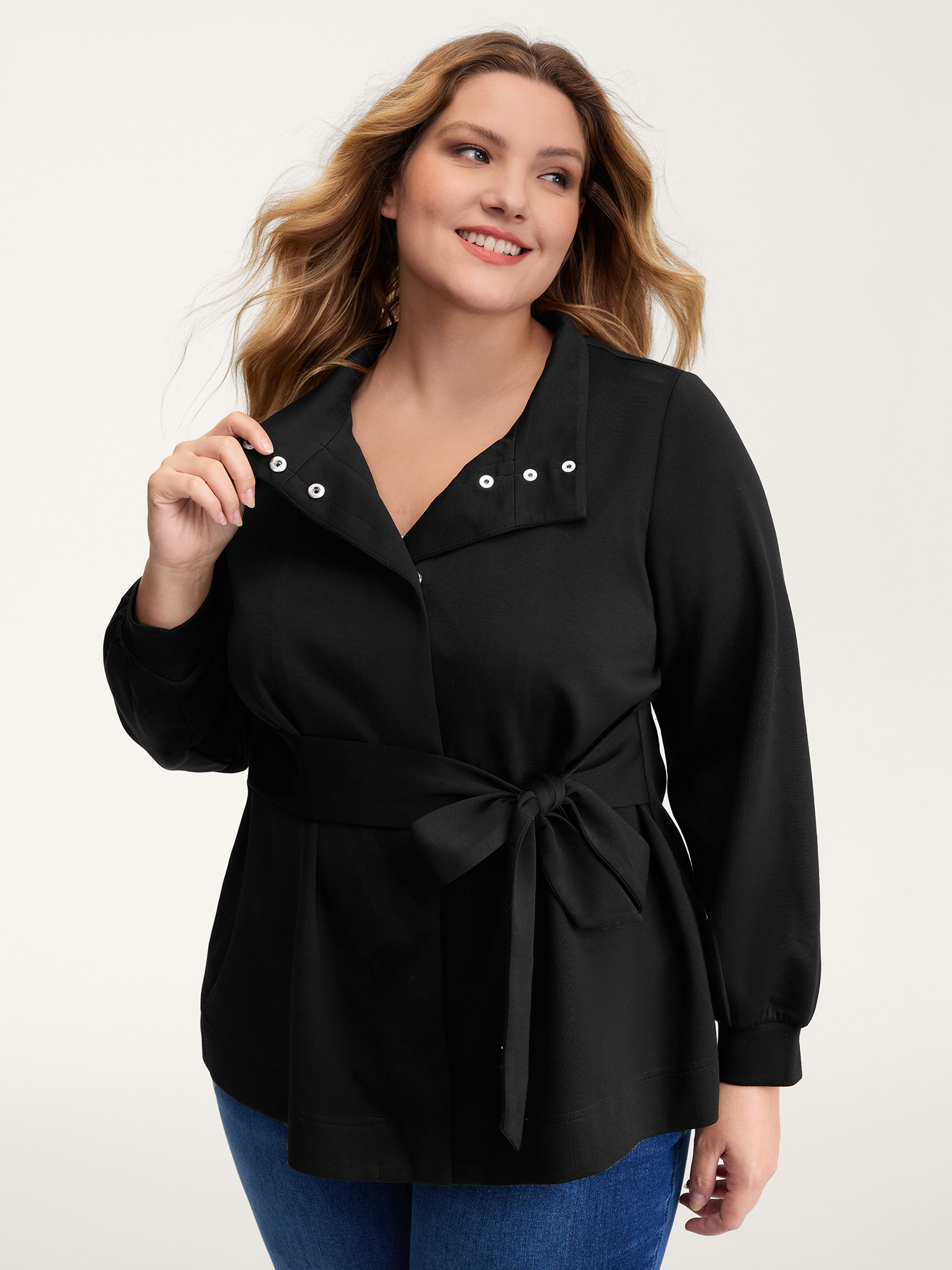 BloomChic Women's Plus Size Supersoft Belted Button Adjustable Jacket Black Tie knot X-line 10/M
