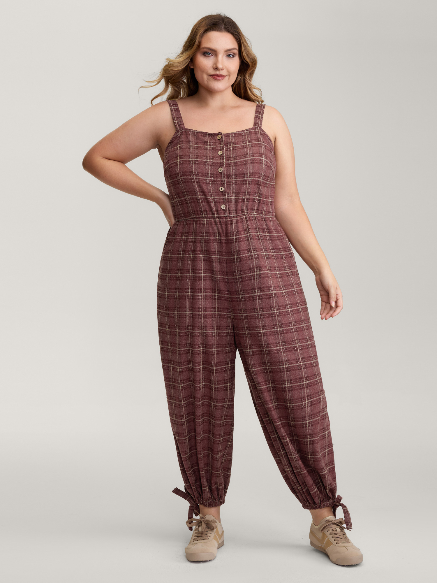 BloomChic Women's Plus Size Retro Plaid Print Harem Style Jumpsuit Browncoffeecolor Everyday-Casual 10/M