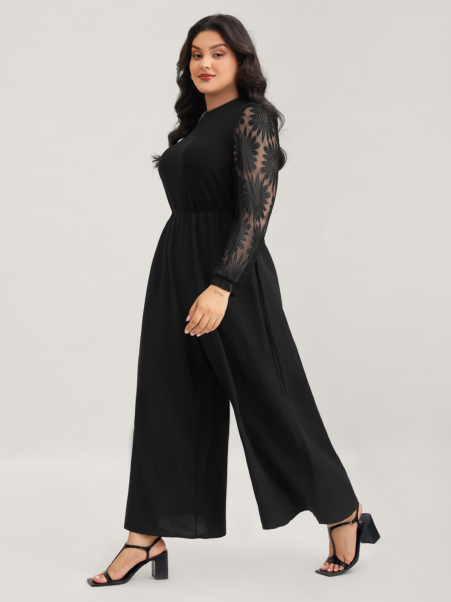 BloomChic Plus Size Crochet Lace Mesh Mock Neck Jumpsuit - Curve Women's Black Playsuit - Comfort Midsection Fit Side Pocket Wide leg Jumpsuits 14/M