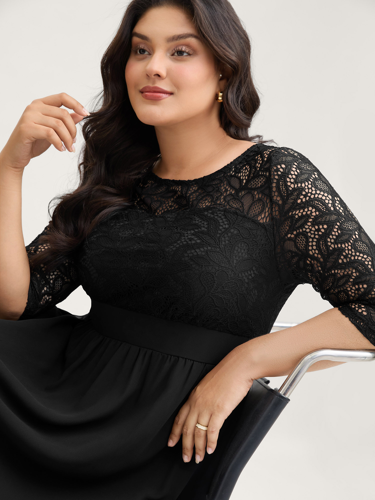 BloomChic Plus Size Lace Patchwork Shirred Midi Pocket Dress - Curve Ladies Black Formal 3/4 Sleeve Solid Side Pocket Daily Dresses 26-28/3X