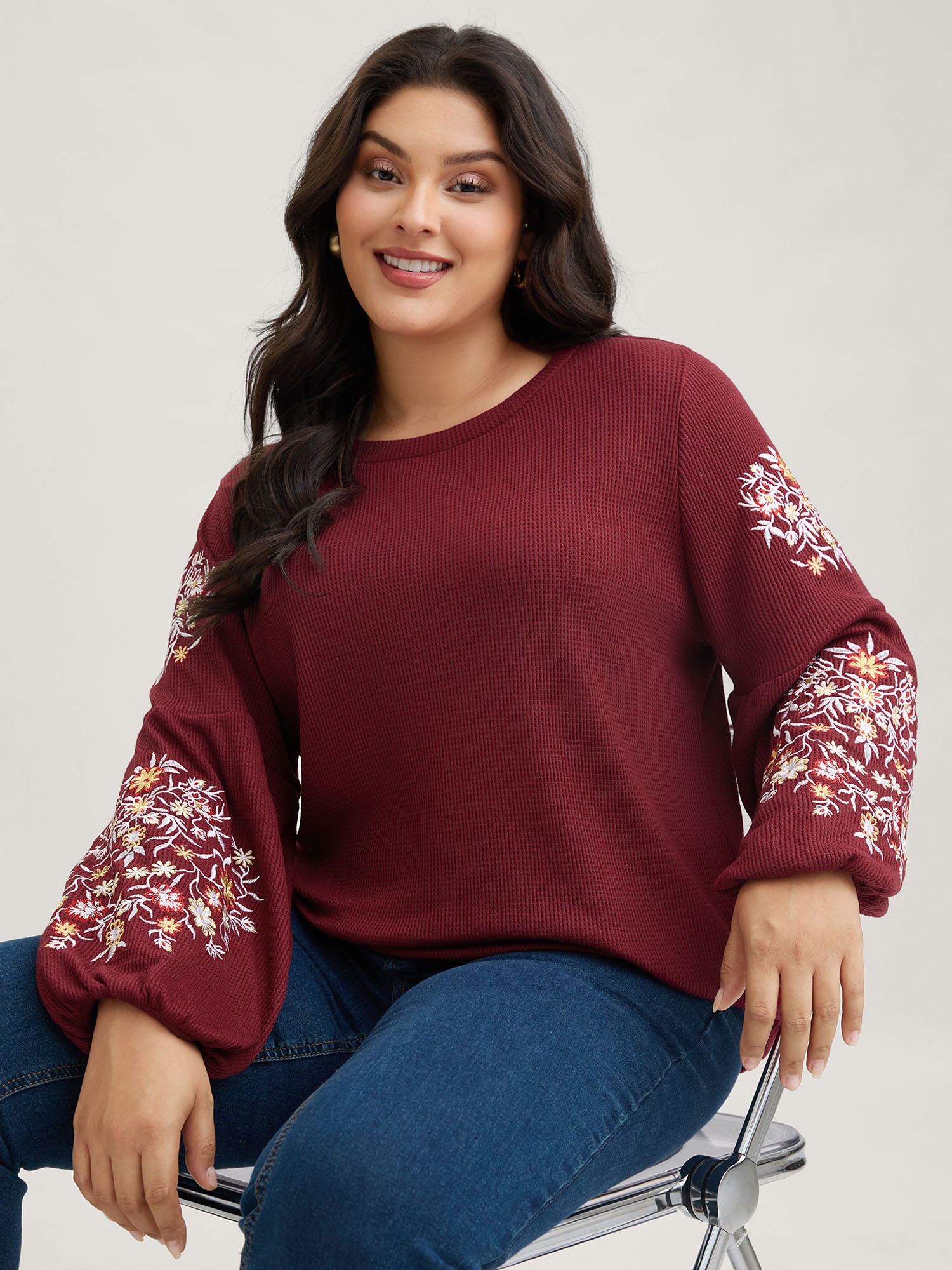 BloomChic Plus Size Waffle Knit Floral Embroidered Lantern Sleeve T-shirt - Women's Burgundy Solid Round Neck Comfort Midsection Fit Long Sleeve Playful T-shirts 14/M
