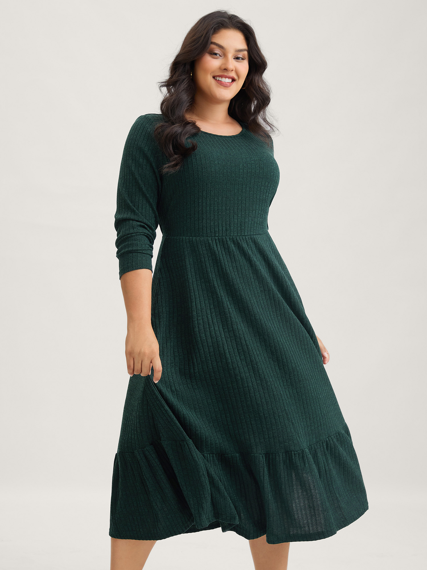 BloomChic Plus Size Solid Pocket Rib Knit Ruffle Hem Dress Without Belt - Curve Ladies Dark Green Leisure Long Sleeve Side Pocket Daily Dresses 34/6X