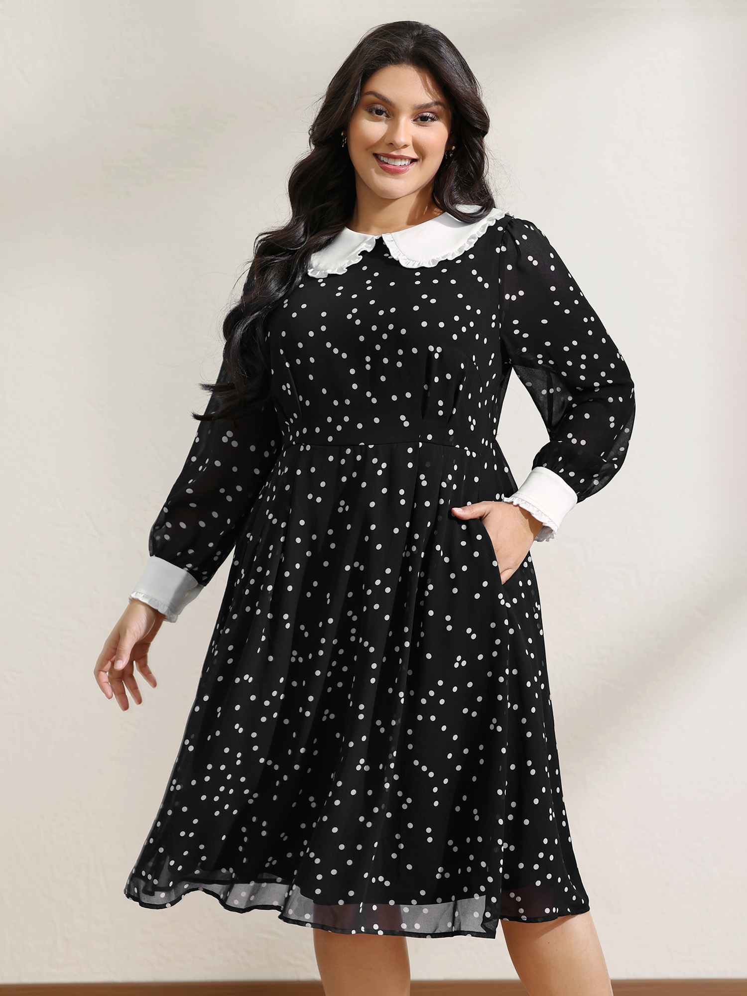 BloomChic Women's Plus Size Polka Dots Doll Collar Contrast Midi Dress Black Polka dots Midi Everyday-Elegant Colorblock 10/M