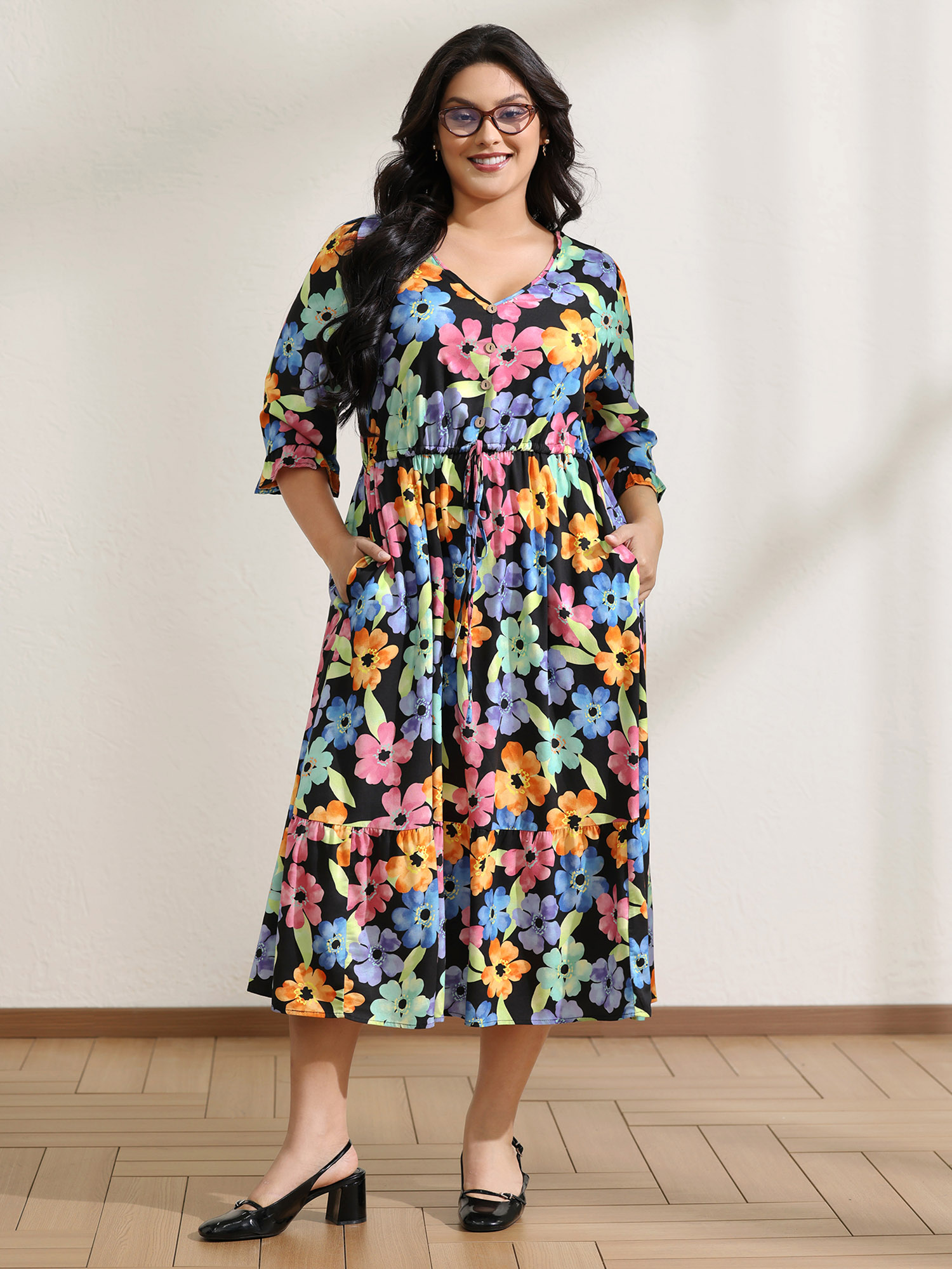 BloomChic Women's Plus Size Floral Print Ruffled Drawstring Pockets Midi Dress Multicolor Floral Midi Everyday-Casual 10/M
