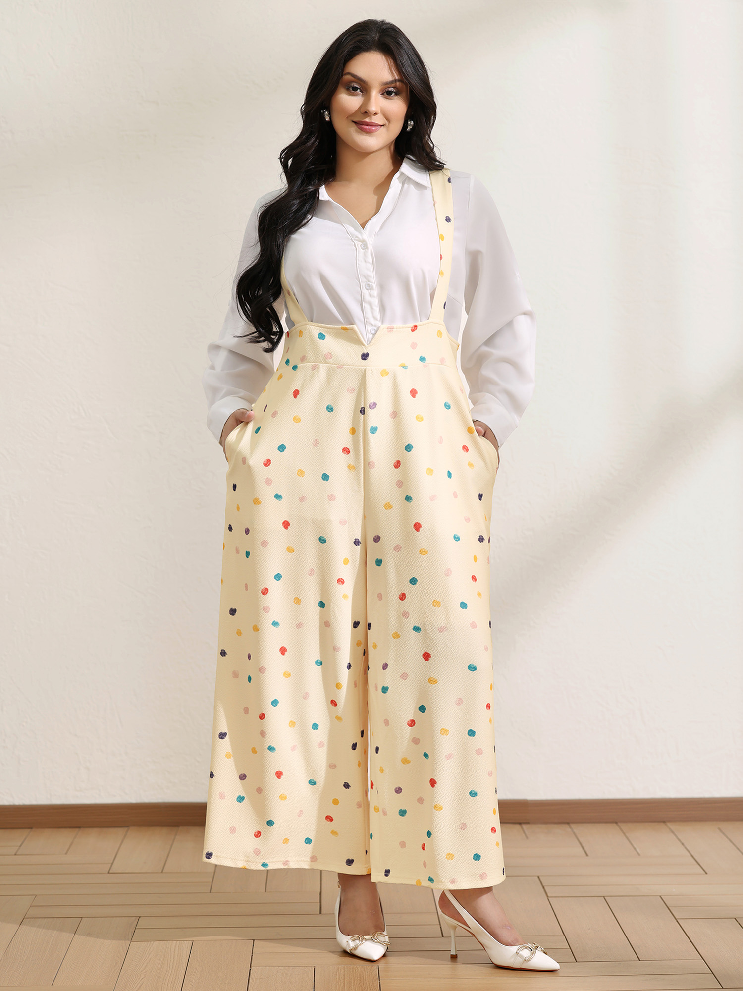 BloomChic Women's Plus Size Colorful Polka Dots Cinched-Waist Jumpsuit Beige Everyday-Casual 10/M