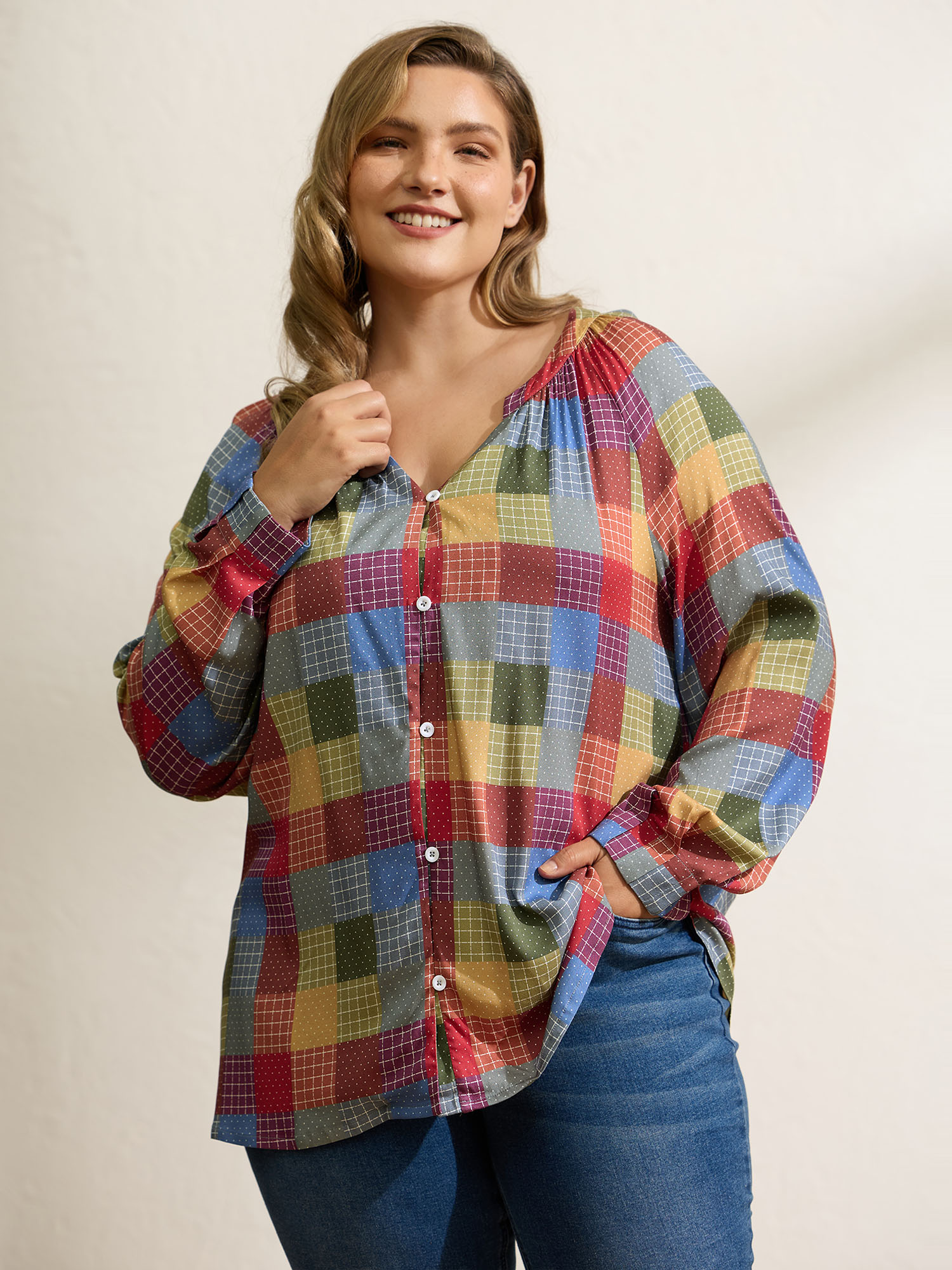 BloomChic Women's Plus Size Colorful Check Print Button Relaxed-Fit Blouse Multicolor Plaid Everyday-Casual Long Sleeve 10/M