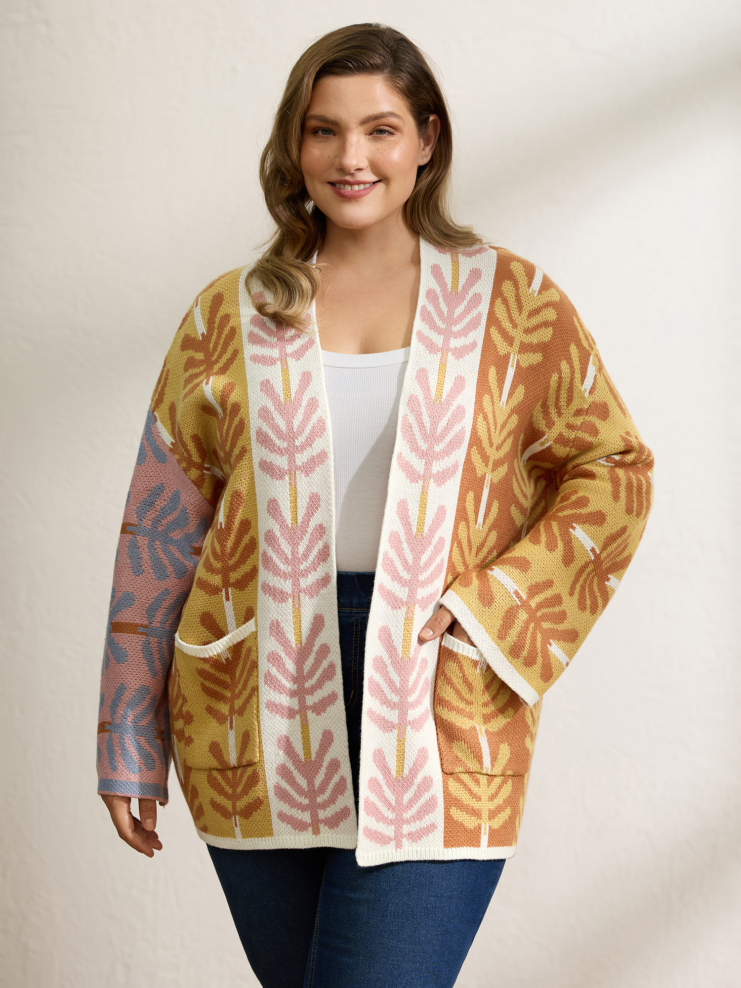 BloomChic Women's Plus Size Leaf Jacquard Print Contrast Knit Cardigan Mustardyellow Long Sleeve 10/M