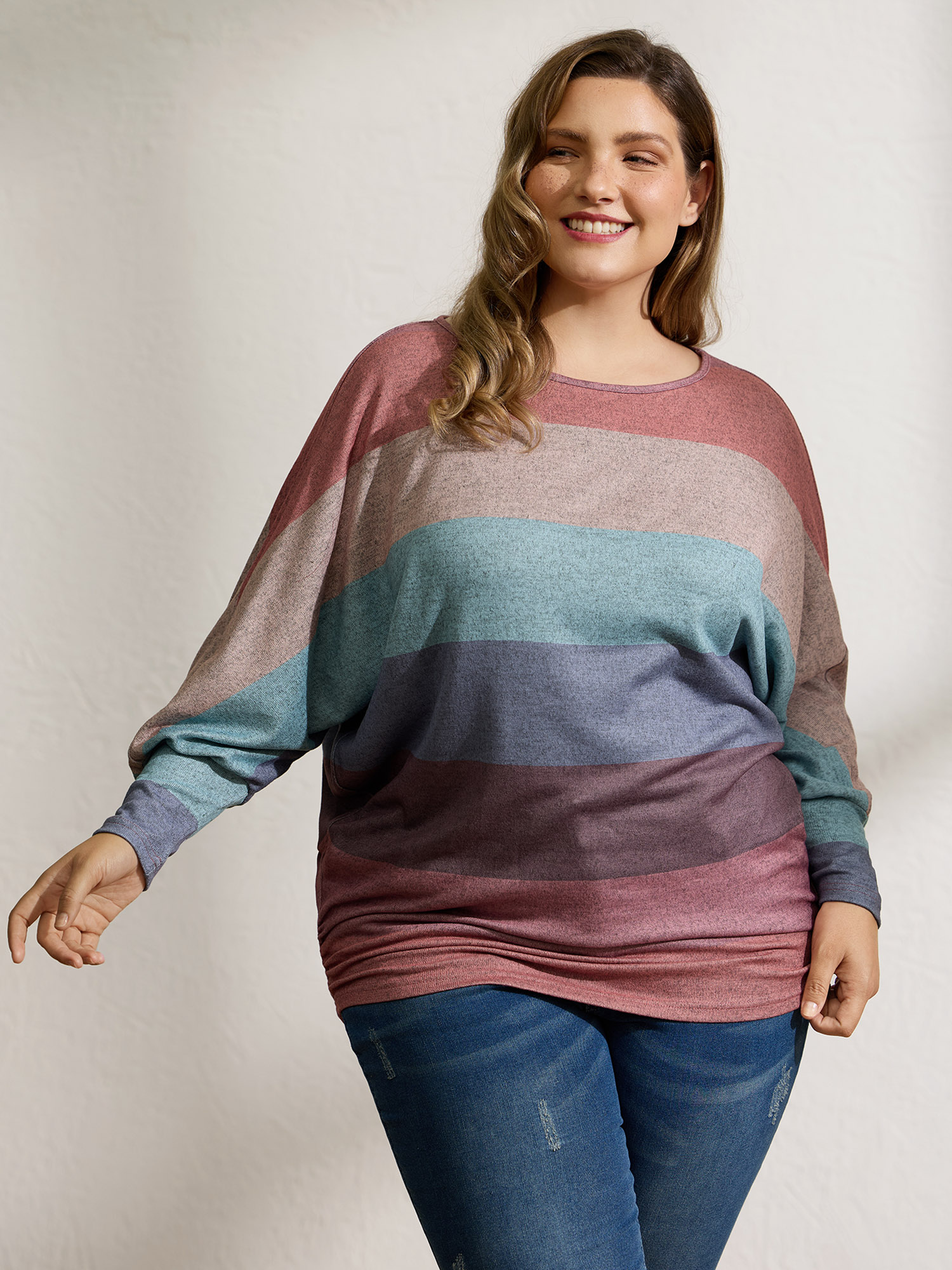 BloomChic Women's Plus Size Colorful Stripes Dolman Sleeve T-Shirt Multicolor Stripes Everyday-Casual Long Sleeve 10/M