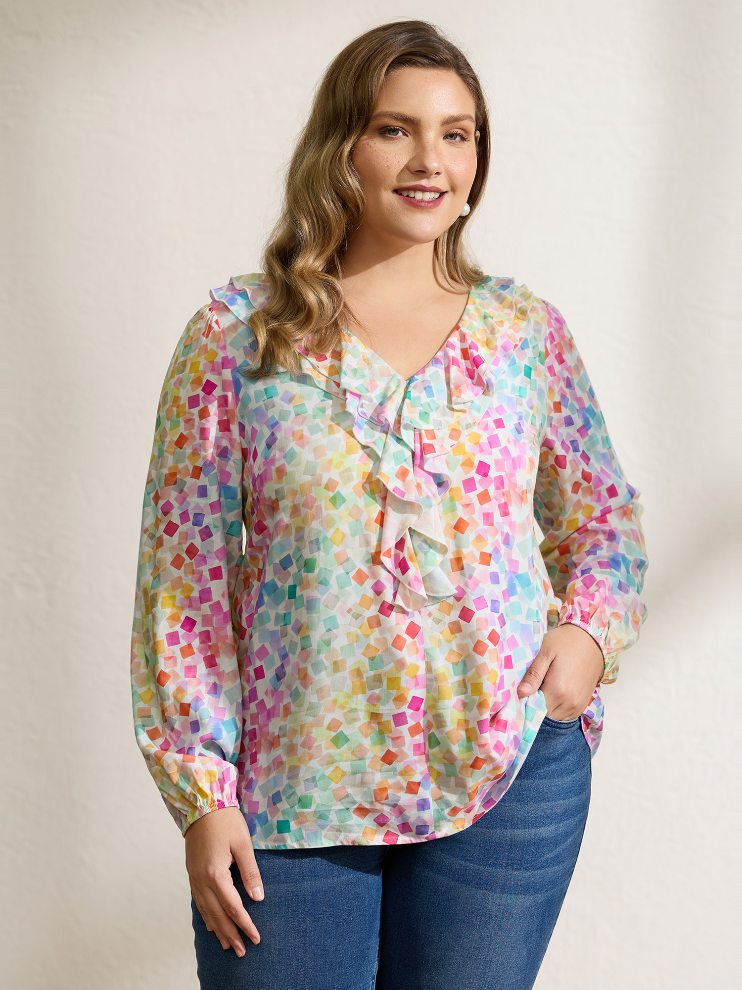 BloomChic Women's Plus Size Ruffled Neckline Colorful Geometric Rayon Blouse Multicolor Geometric Everyday-Casual Long Sleeve 12/L